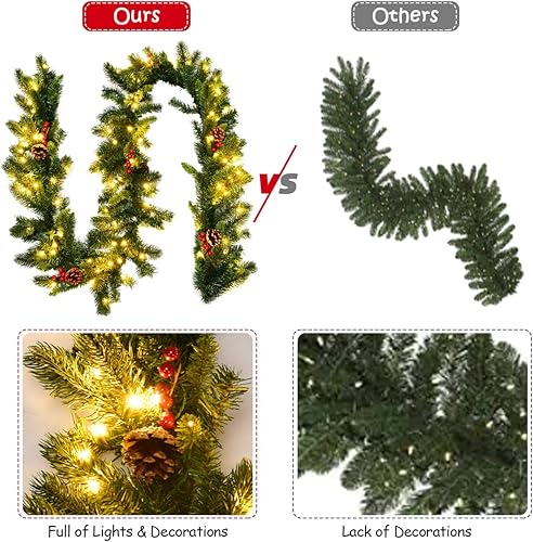 Miniatura 2 de Goplus Guirnalda de Navidad preiluminada de 9 pies con 100 luces LED, temporizador, conos de pino y bayas rojas, para fiestas de boda y festividades