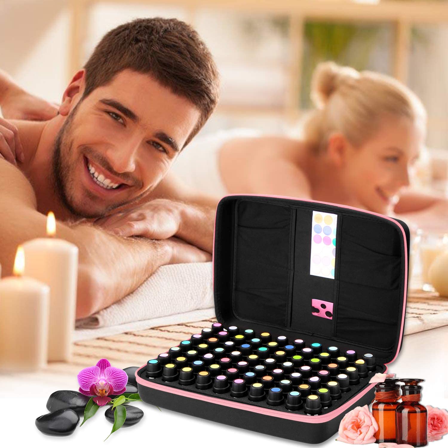 FITNATE Bolsa de Almacenamiento de Aceites Esenciales para Aceites Esenciales de 5 ml, 10 ml, 15 ml, 70 Botellas, Maletin Aceites Esenciales, Estuche de Viaje de Aceites Esenciales, Resistente, Rosa