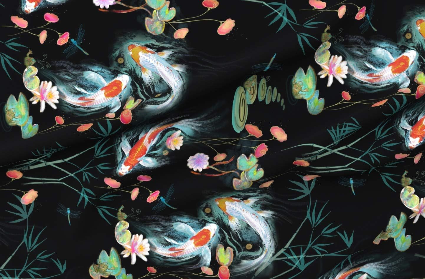 Spoonflower Fabric - Black Koi Fish Japanese Floral Large Scale Decorative Carp Chinoiserie Printed on Polartec(R) Fleece Fabric by The Yard - Sewing Blankets Loungewear and No-Sew