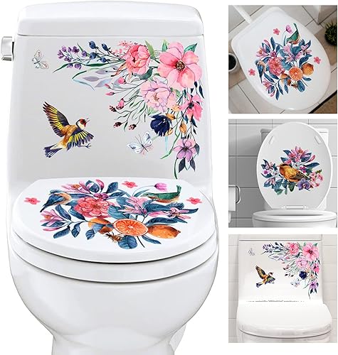 3 pegatinas autoadhesivas para asiento de inodoro de baño diseño de pájaros y flores color rosa morado floral para tapa de inodoro para decoración
