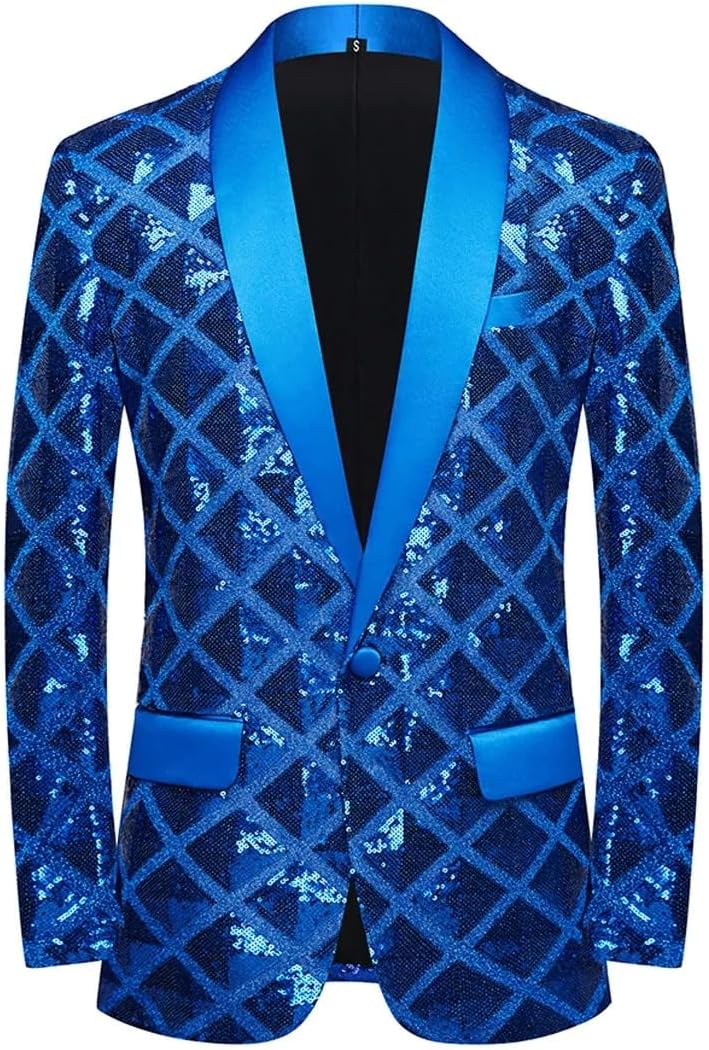 Men's Sequin Blazer Jacket Shawl Lapel One Button Shiny Wedding Party Suit Tuxedo Nightclub Host Coat