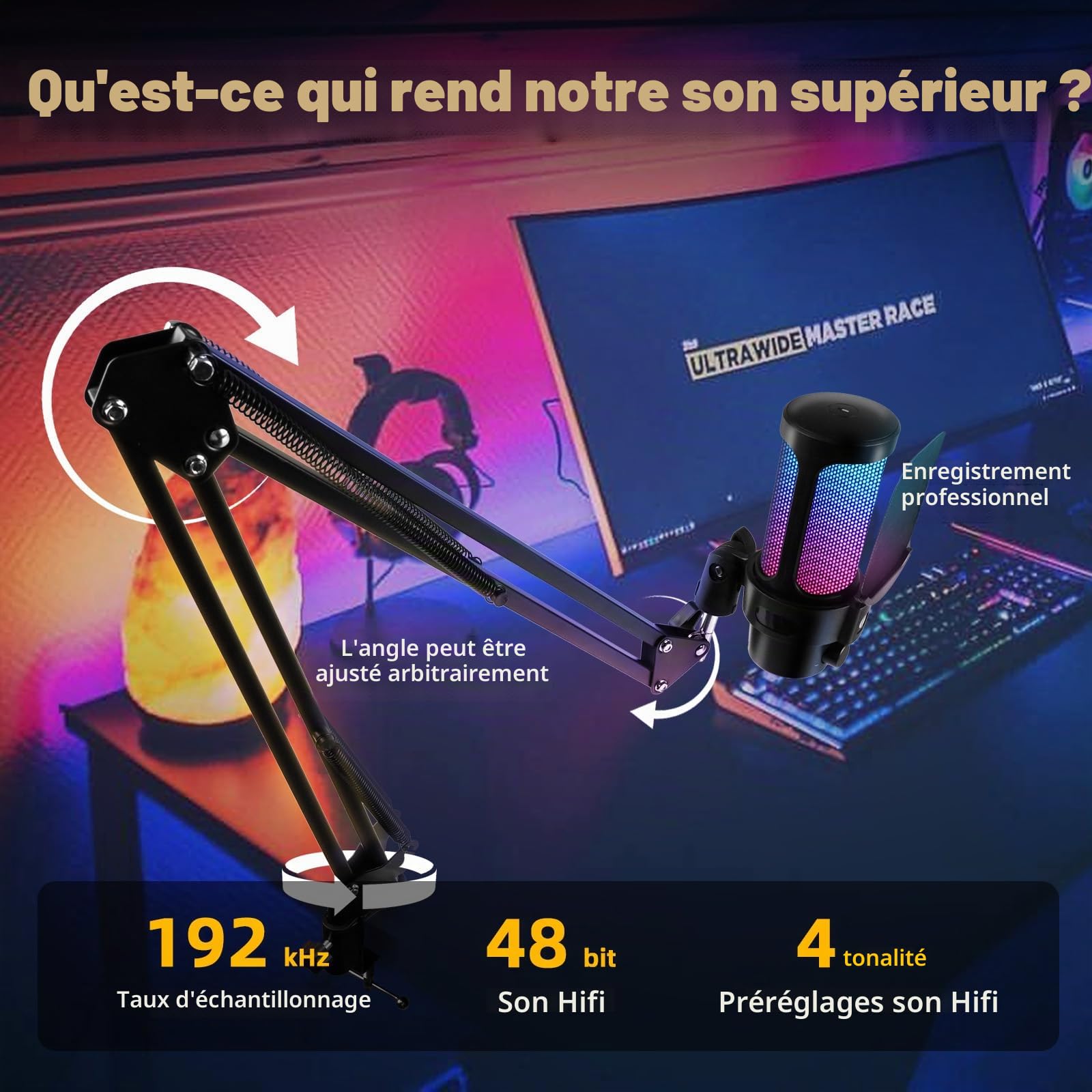 VCOM Micro Gaming avec Bras PC, RGB Condensateur Microphone avec Bruit/Muet