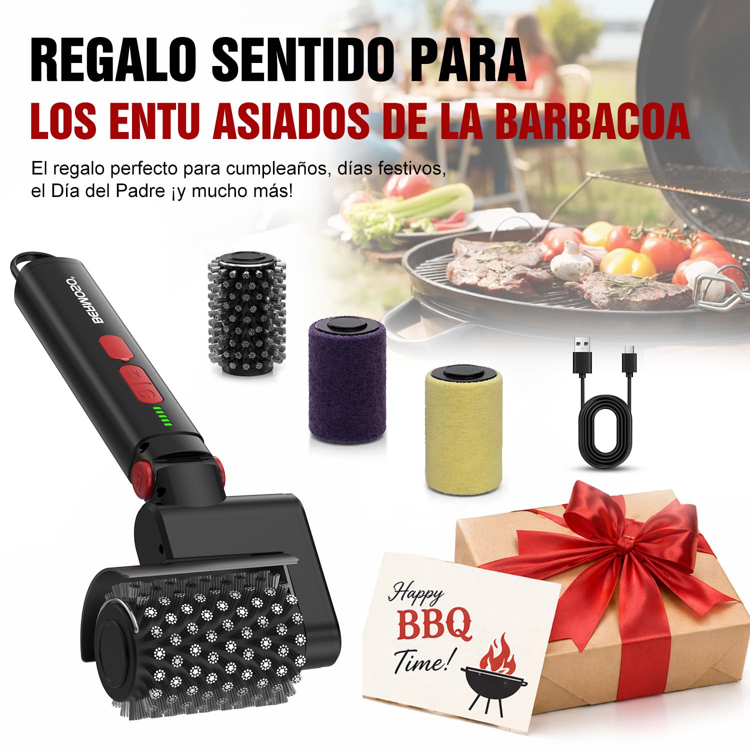 Cepillo Electrico Barbacoa,Recargable Limpiador Barbacoa con 3 Velocidades, Elimina Grasa Quemada, Autonomía de 150+ Minutos e Impermeable, Limpieza Sin Esfuerzo para Parrillas Exteriores