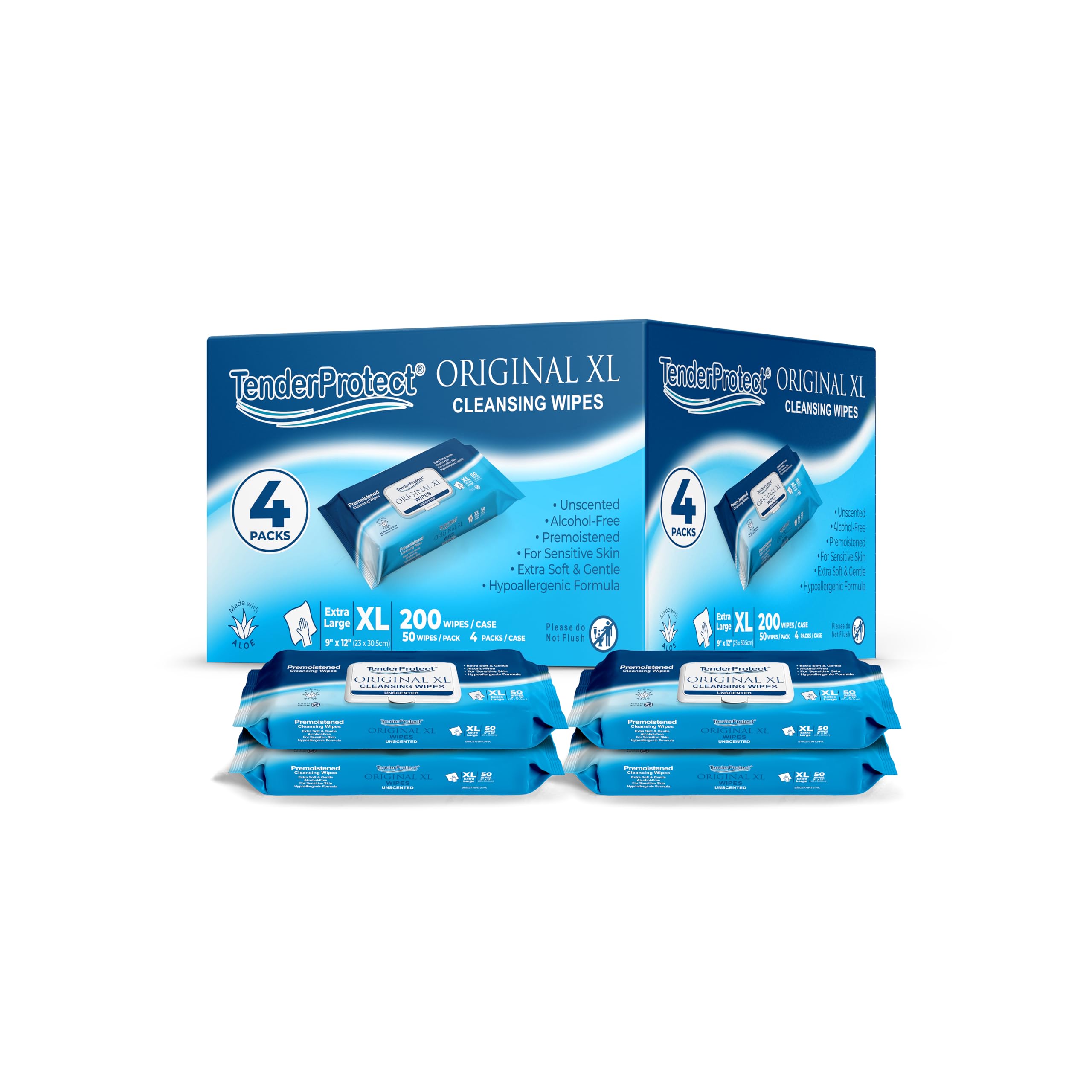 TenderProtect® Original XL Premium Adult Wipes (200 Ct), Extra-Large 9"x12" Wet Wipes with Aloe, Wash Cloths for Babies & Elderly, Incontinence, Hands