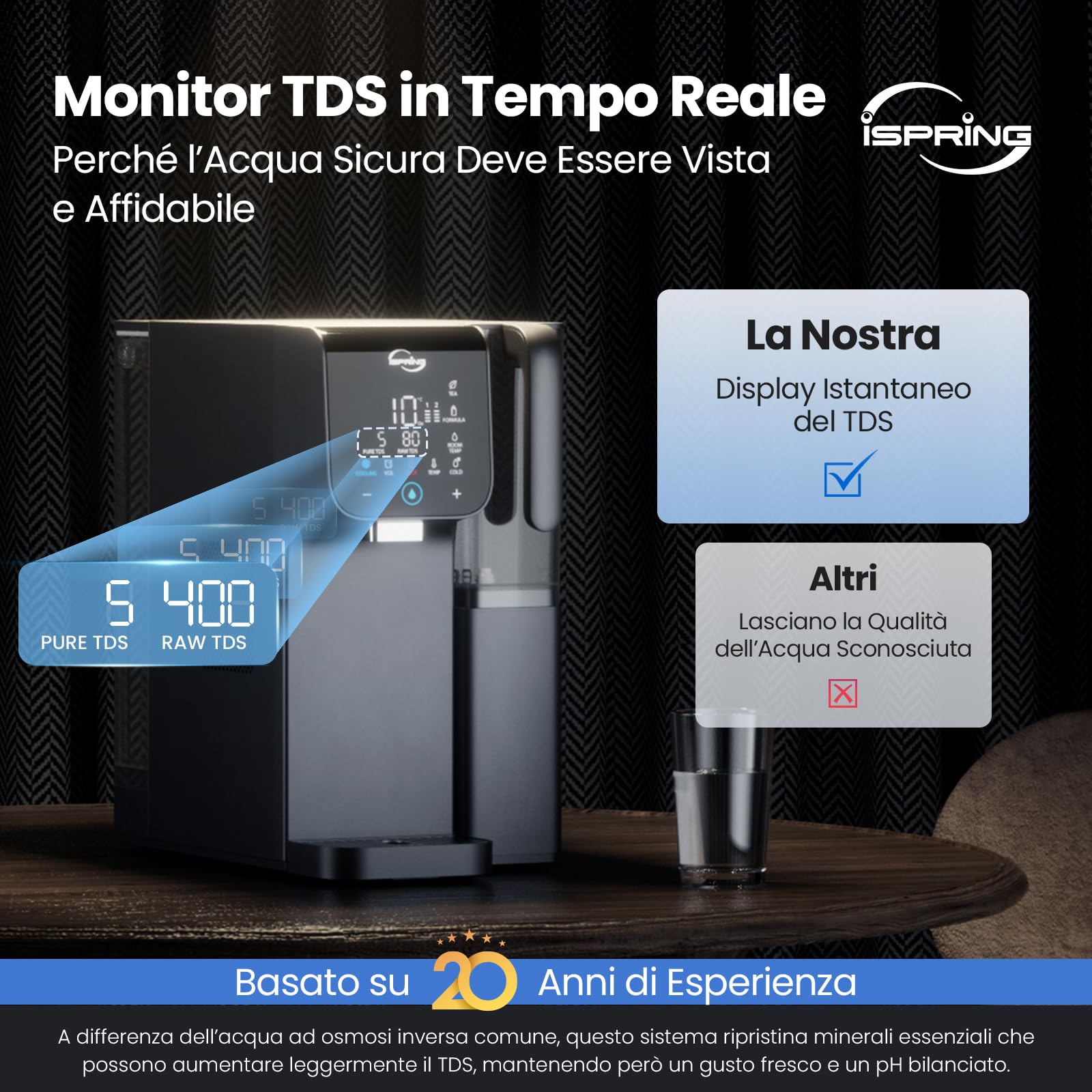 iSpring RCD100HCG Osmosi Inversa Caldo & Freddo da Banco, Dispenser RO Alcalino, 9 Temperature & 6 Volumi di Erogazione, Monitor TDS & Durata Filtri, Plug and Play