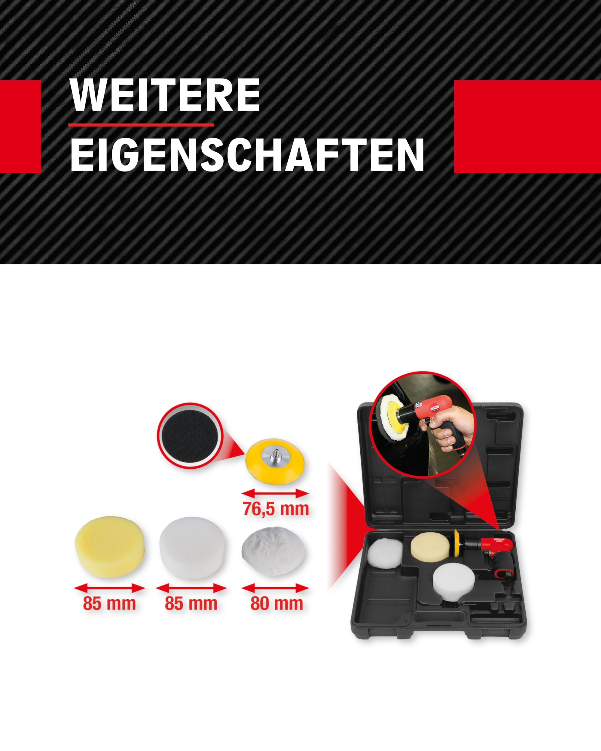 KS Tools Mini Poliermaschine Druckluft Satz 5-tlg. 1/4" 515.5120 I Robuster Druckluftschleifer mit Schleifteller mit Klett I In stabilem Kunststoffkoffer