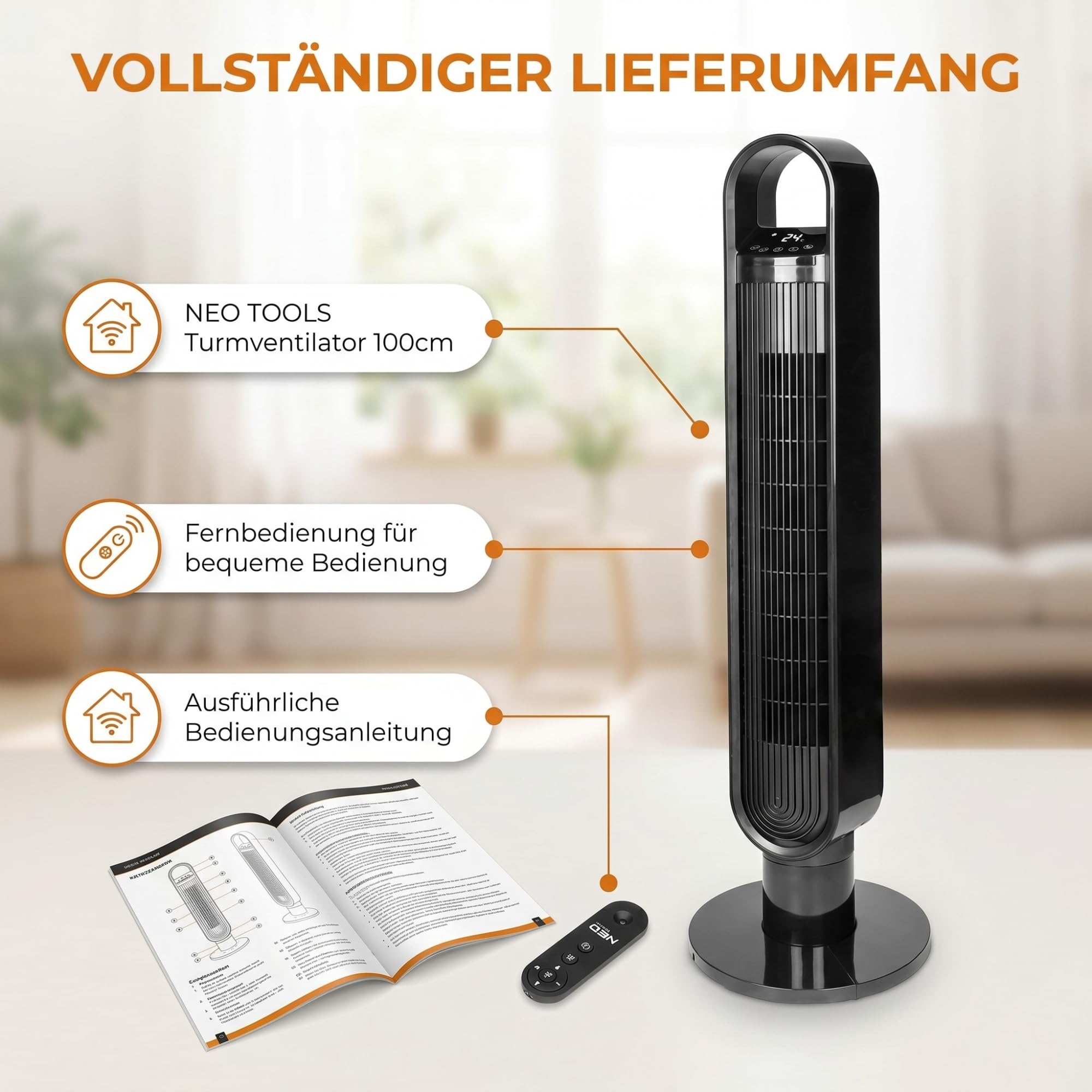 NEO TOOLS Turmventilator mit WLAN und Ionisator 60W 100cm Höhe App-Steuerung Digital-Display Fernbedienung 3 Modi und Geschwindigkeiten 75 Grad Oszillation 12h-Timer Schwarz