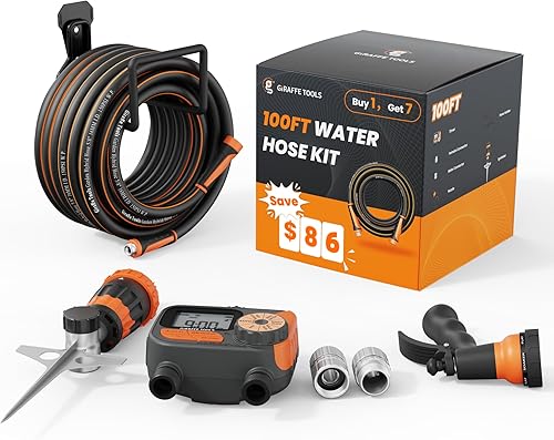 Giraffe Tools - Manguera de jardín de 100 pies x 58 pulgadas, resistente, flexible y ligera, con temporizador, boquilla y aspersor, material híbrido