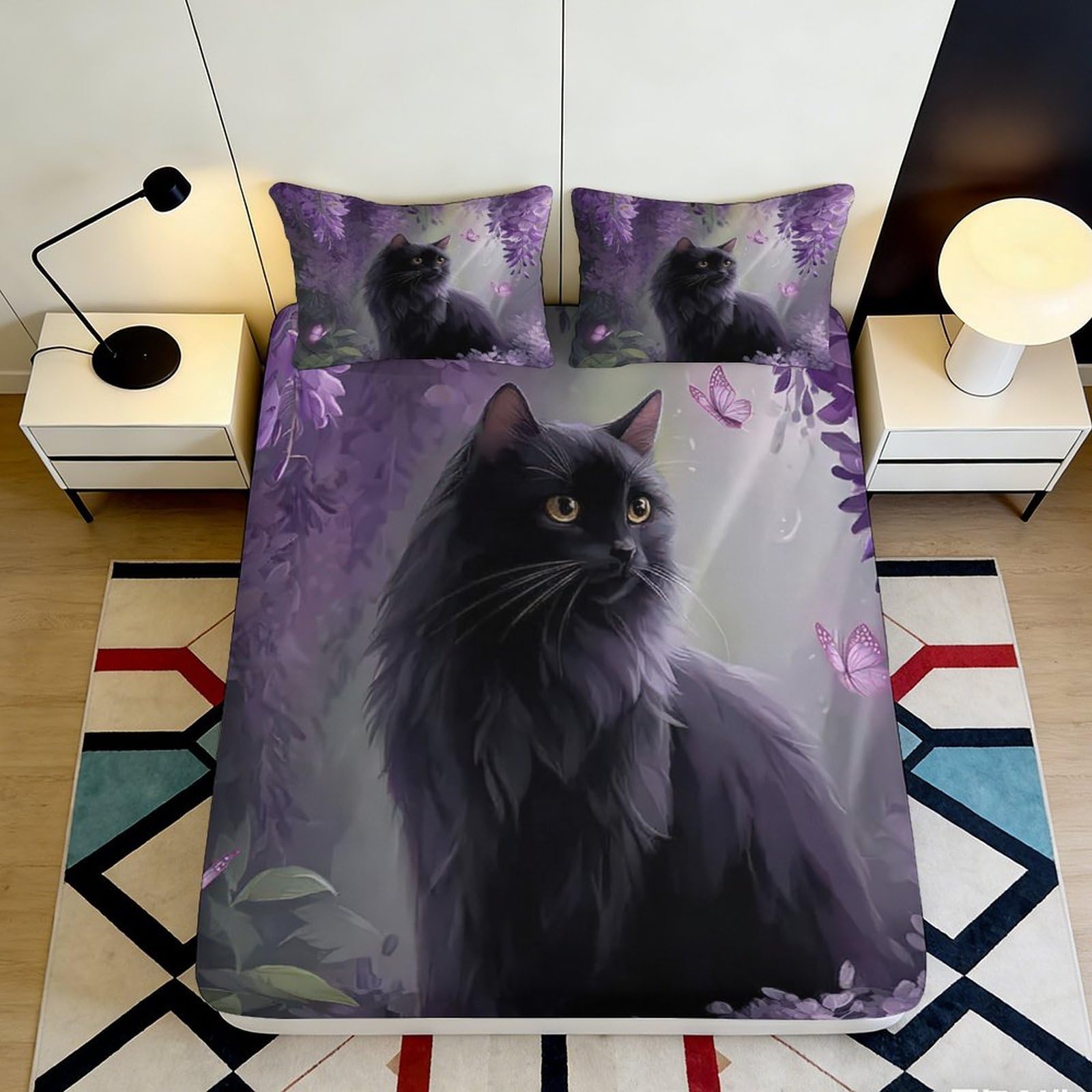 3D Printed Black Cat Purple Floral Fitted Sheet Microfiber Soft Durable Butterfly Bed Cover for Bedroom Dormitory Guest Room Mattress Protection 200x200x25cm