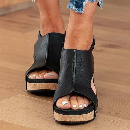 Miniatura 3 de Sandalias de cuña para mujer, alpargatas, tacón bajo, punta abierta, correa al tobillo, sandalias de cuero, cómodas sandalias de plataforma con