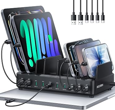 Rocoren 400W 10Port Charging Station,Dual PD 100W Dock w/ 6 Cables | MultiDevice Fast Charging Organizer Dock,Works for MacBook,iPad,iPhone,Cell Phone,Tablet and Other Electronic Devices