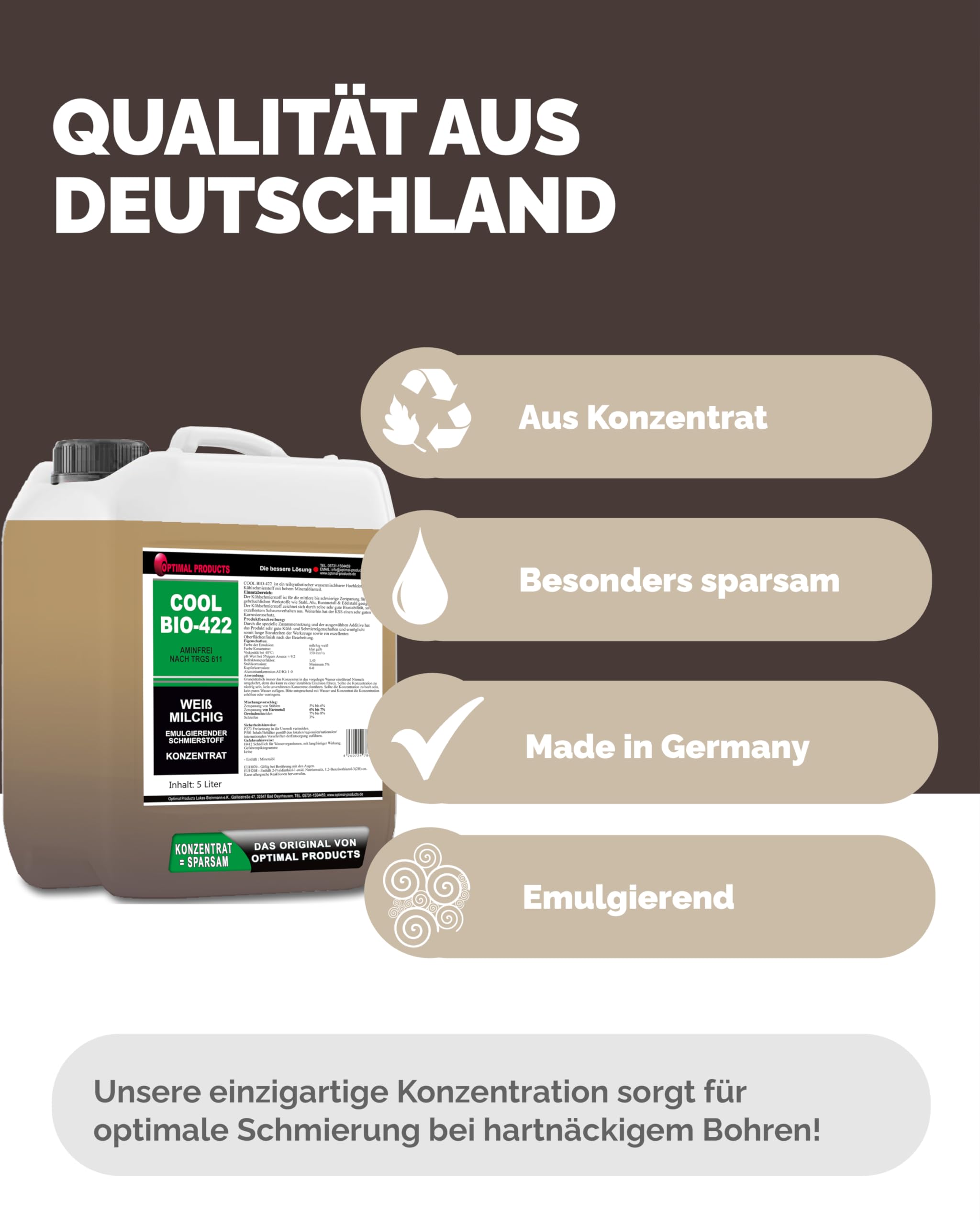 Optimal Products Kühlschmierstoff Cool Bio-422 5L - Wassermischbares Hochleistungs Kühlschmiermittel mit gutem Korrosionsschutz, Bohröl Schneidöl Metall