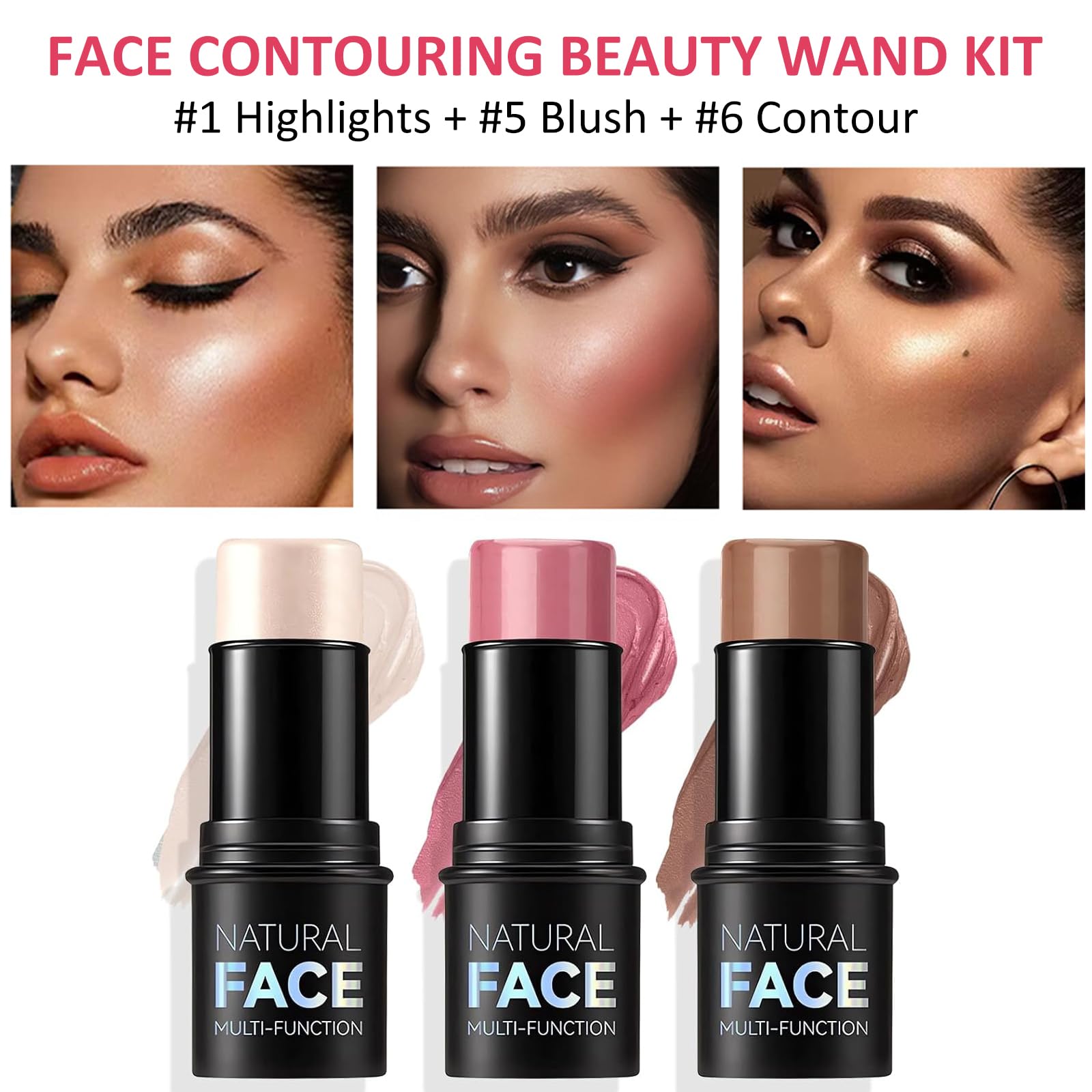 3 Pezzi Contouring Viso Stick, Leggero Contour Highlighter Blush Trucco Versatile Set, Lunga Durata Liscio Crema Stick per Contorno Fard Illuminante, Modella Facilmente il Viso per Guance Occhi
