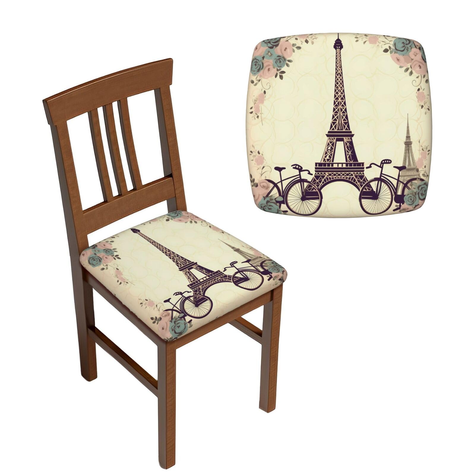 NONHAI 6PCS Dining Chair Seat Covers Set Eiffel Tower Bicycle Stretch Removable Chairs Covers Washable Seat Cushion Slipcovers Protector for Dining Room Kitchen Chairs