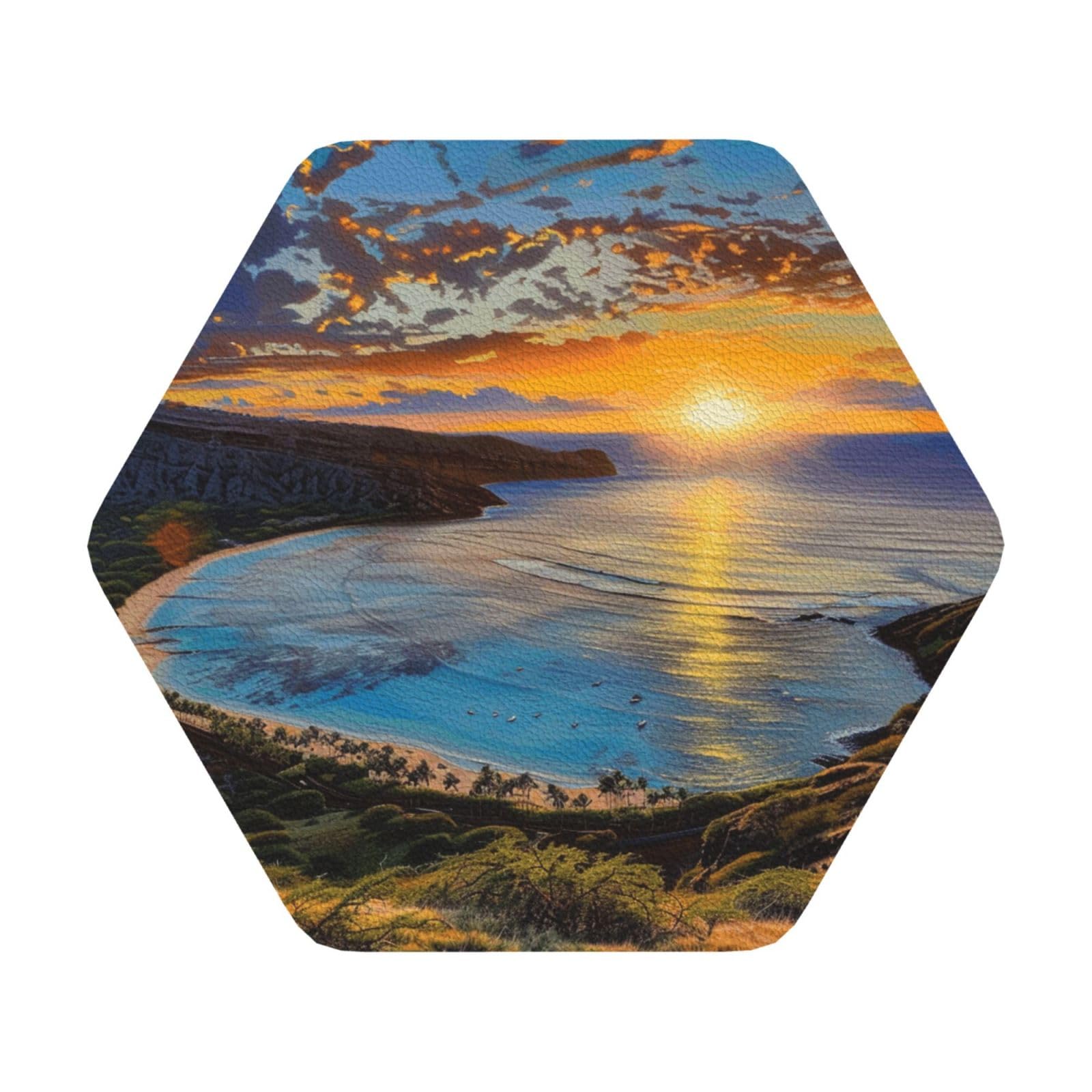 Sunrise Over Hanauma Bay Oahu Hawaii Print Leather Coaster Set of 6, Hexagon Coasters Table Decorative Coffee Cup Beverage Coasters Wine Beer Bar Coasters for Hot Drinks Table Protection