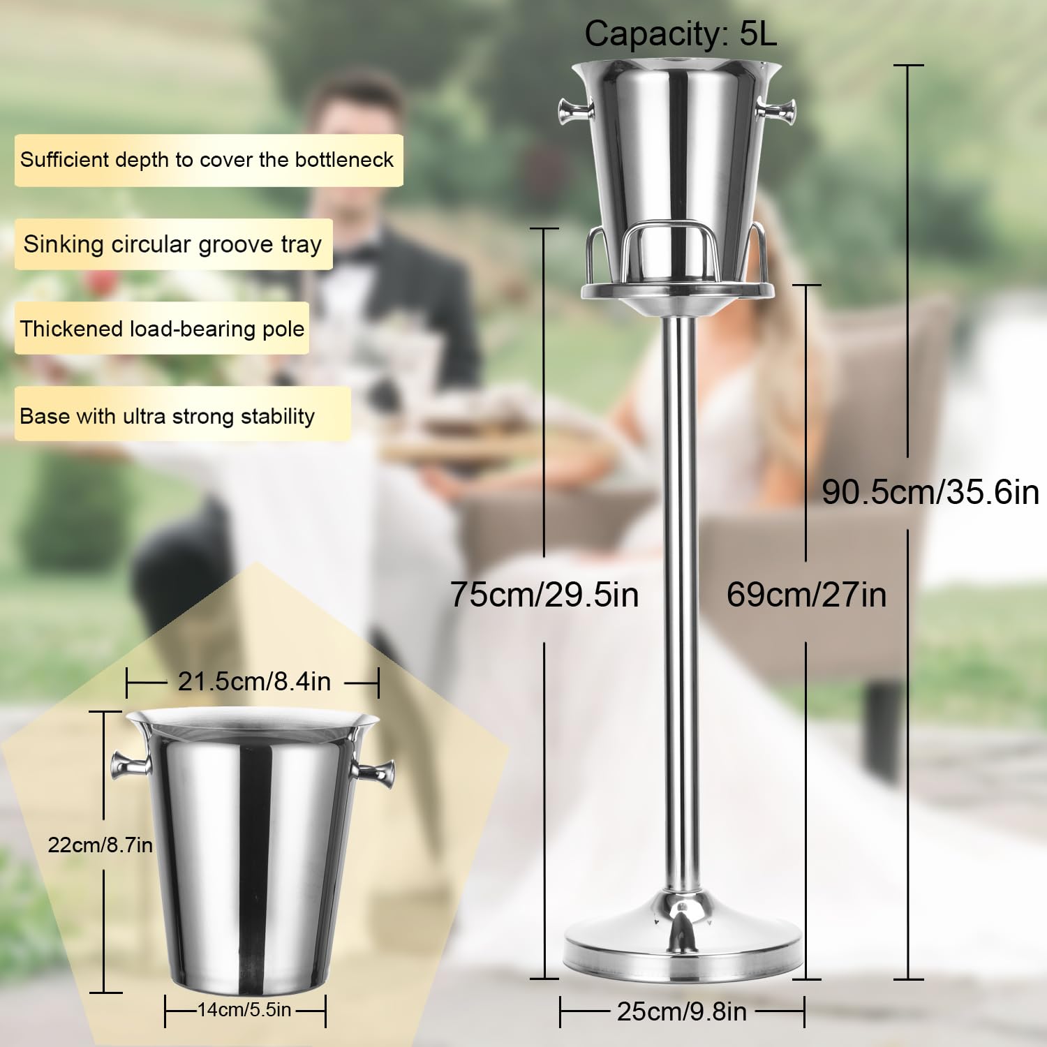 Cubitera de hielo con soporte, cubeta de acero inoxidable, soporte para champán, para fiesta, de pie, para vino, para cerveza, bar, boda, Navidad (01)