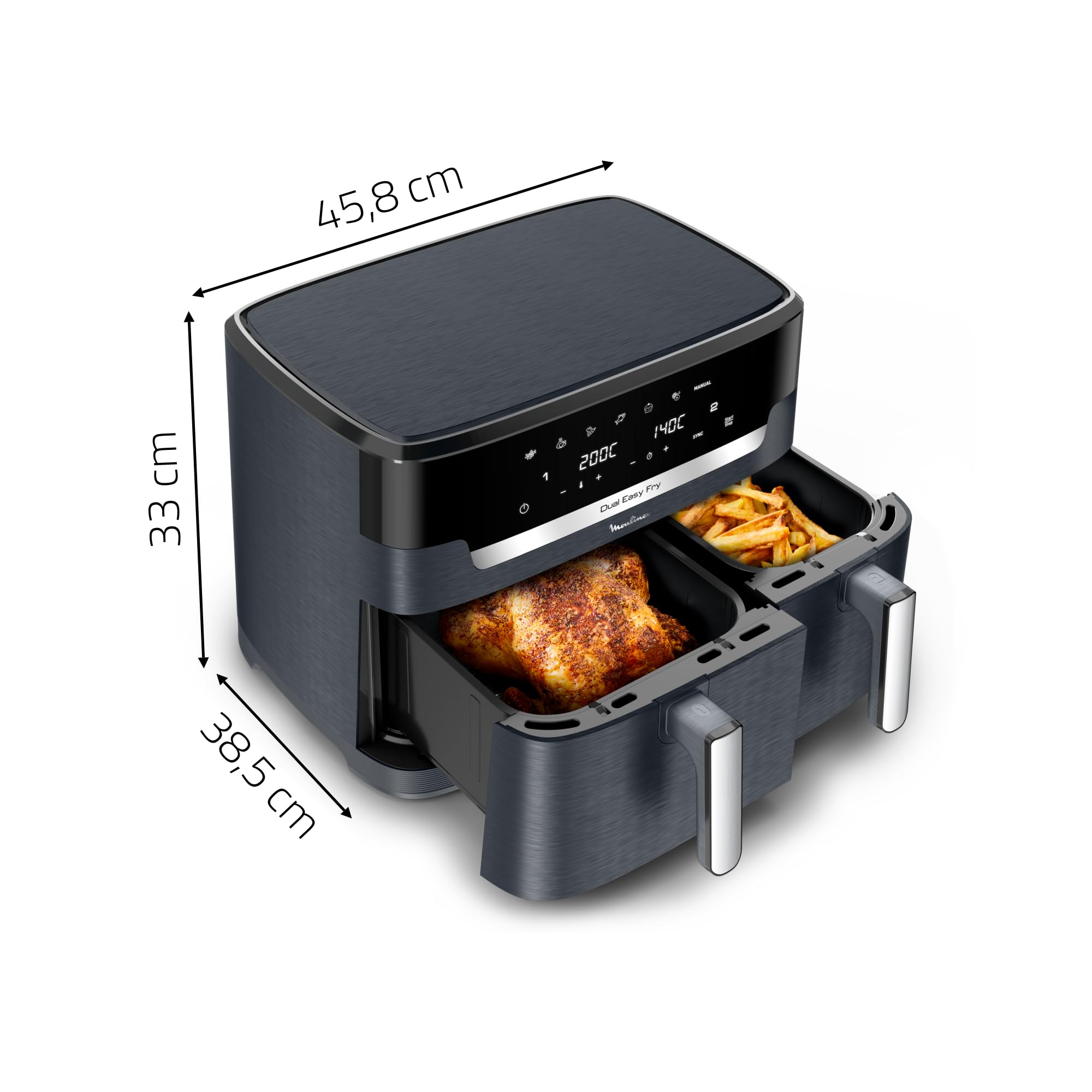 Moulinex XXL Dual Easy Fry, frytkownica powietrzna o pojemności 11 litrów, z podwójnym nieprzywierającym koszem, nadaje się do mycia w zmywarce, zmniejszone zużycie energii, 7 trybów i przepisów na