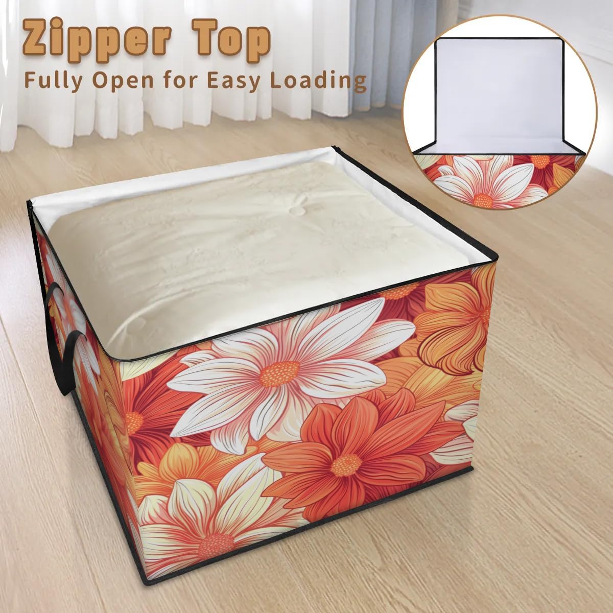 Honeybaby 214L Extra Large Comforter Storage Bag Blooming Flowers Storage Totes with Lids Waterproof Closet Organizer Folding Blanket Storage Bags for Clothes Bedding Pillows