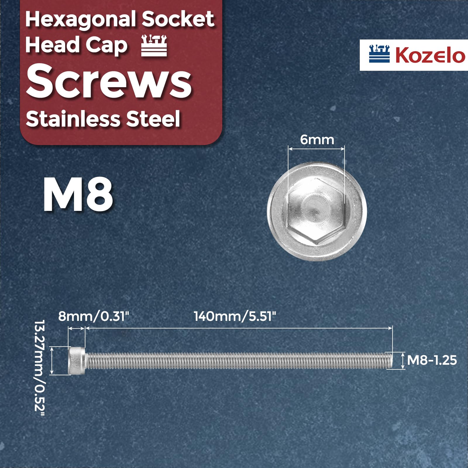2 szt. śruby z łbem sześciokątnym z łbem sześciokątnym - [M8-1,25 x 140 mm] w pełni gwintowany klucz sześciokątny ze stali nierdzewnej 304 do drukarki 3D silnika elektrycznego, srebrny