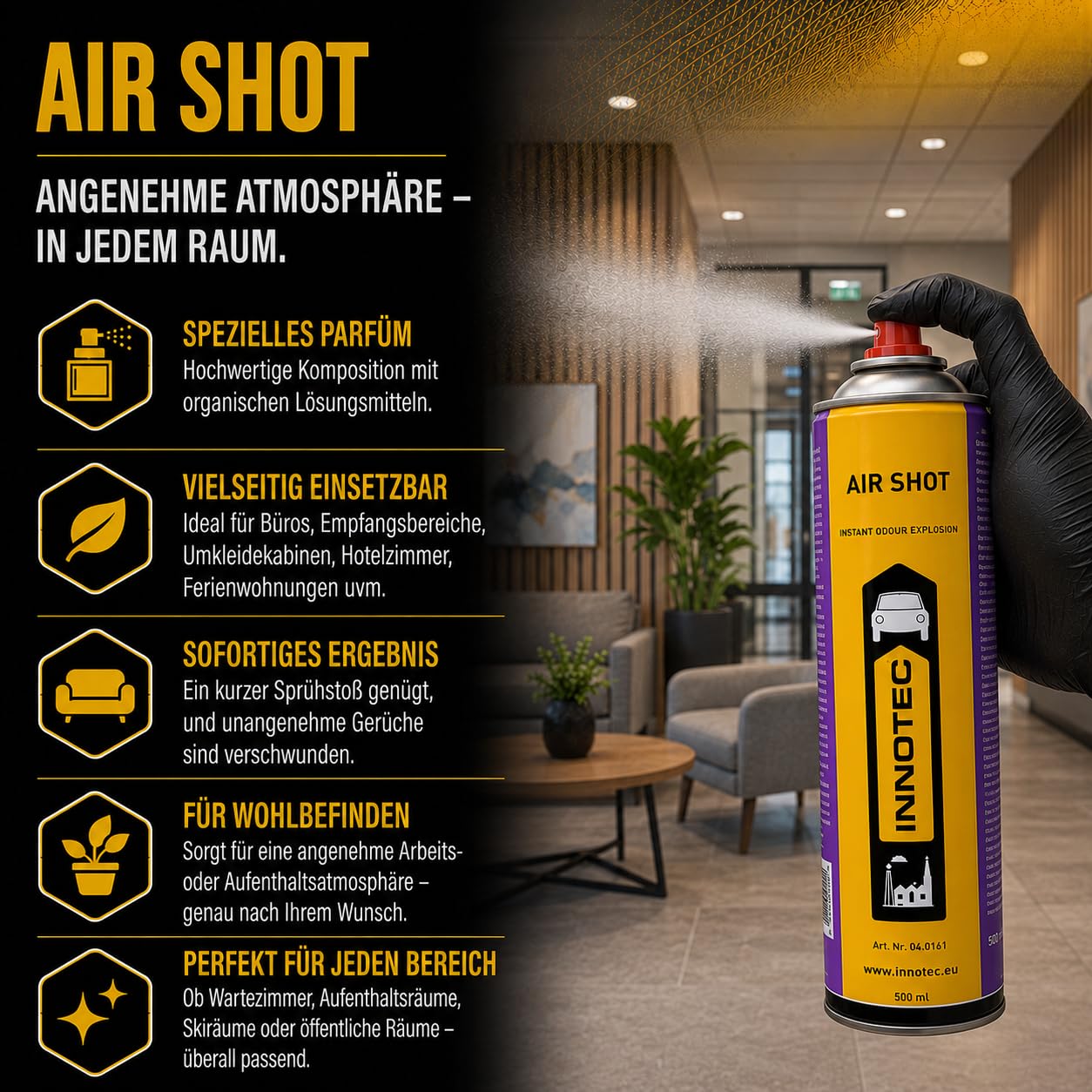 4Stück Innotec Air Shot Clean Grün Instant-Duftexplosion - Hochwertiger Duftspray - Spezielles Parfüm mit organischen Lösungsmitteln - Silikonfrei - leistungsfähiger Duft beseitigt unangenehme Gerüche