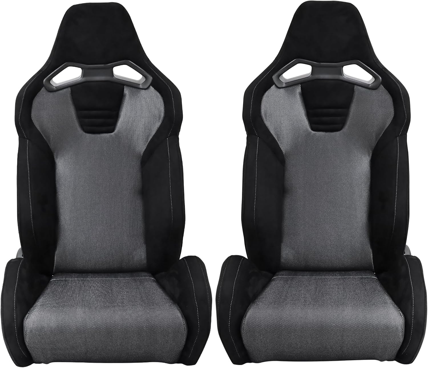 FREEMOTOR802 Reclining Sim Racing Seats, Universal Car Sport Seats with Dual Lock Sliders, Shining Mesh Fabric & Synthetic Suede Cover, Steel Frame & Molded Padding, 1 Pair, Black & Gray