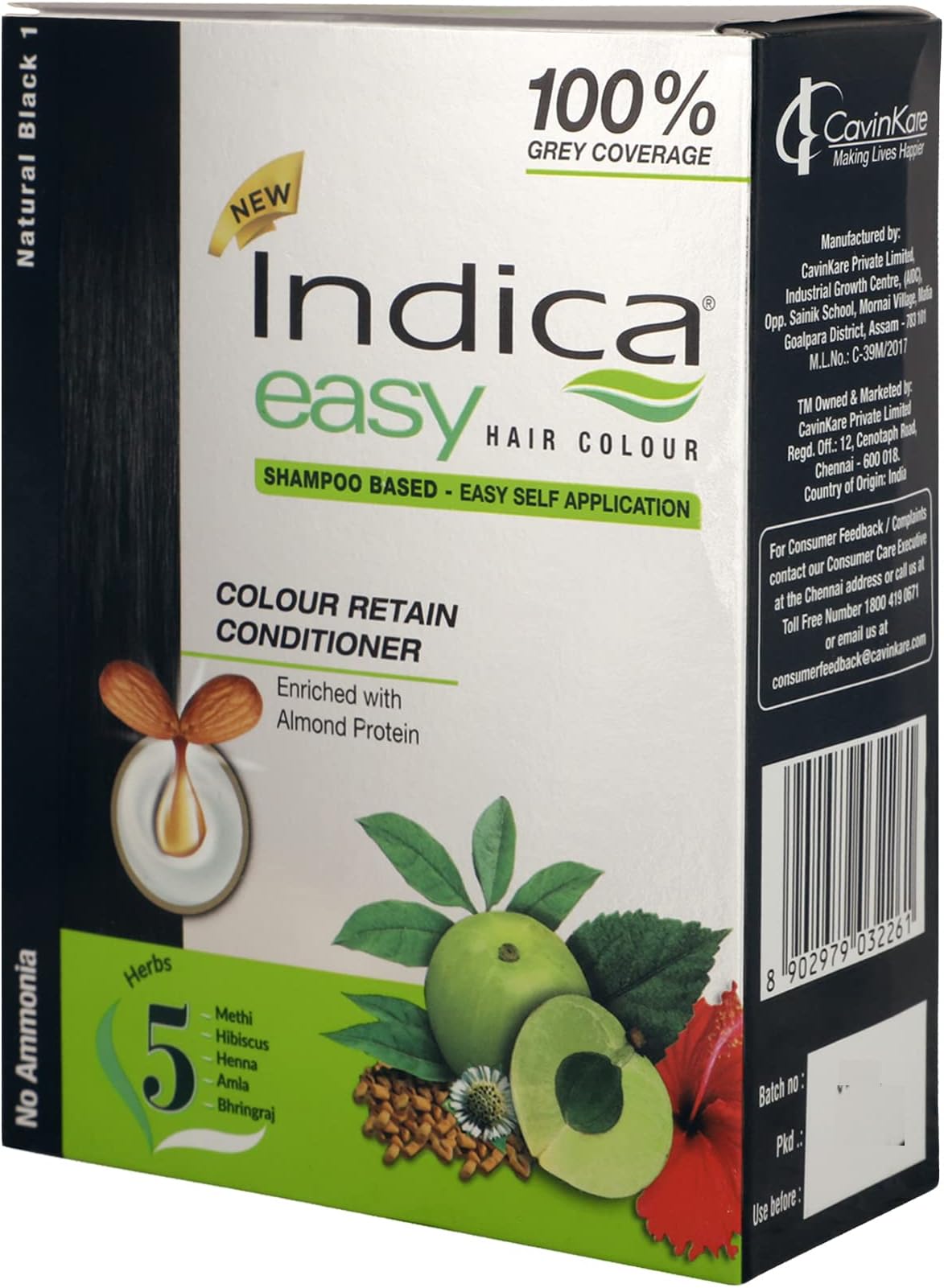 Indica Easy Shampoo Based Hair Colour (Natural Black 1) With Amla, Henna And Hibiscus Extracts (Pack Of 3, hair color 25ml + colorant12.5ml + developer 12,5ml+ conditioner 7.5ml Each)