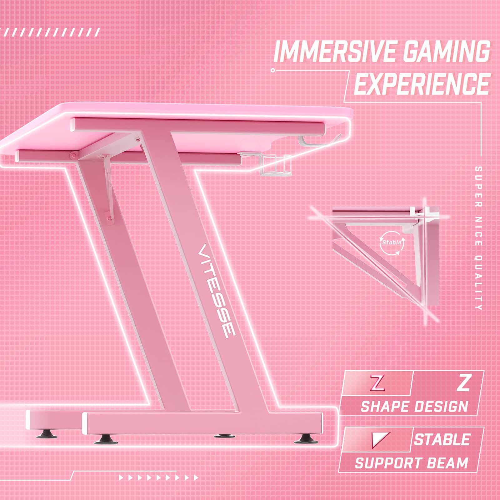 PUKAMI Pink Gaming Desk 40 Inch Kawaii Computer Desk Cute Gaming Table