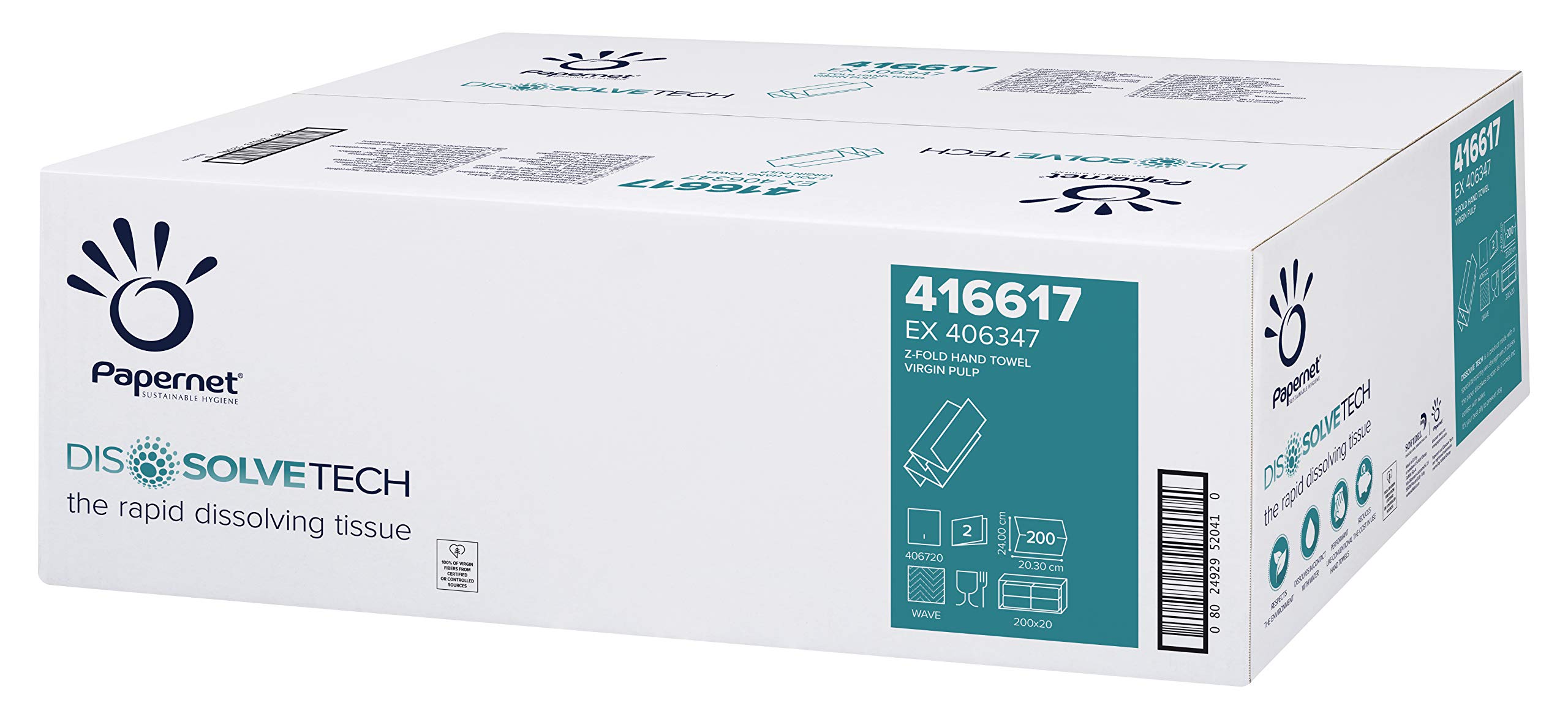 Papernet Dissolve Tech – Toalla interfoliada plegada en Z 416617 – con tecnología Disolve Tech, dos capas, 20 paquetes de 200 servicios para clip, dimensiones 24 x 20,3 cm, tamaño plegado: 20,3 x 8 cm