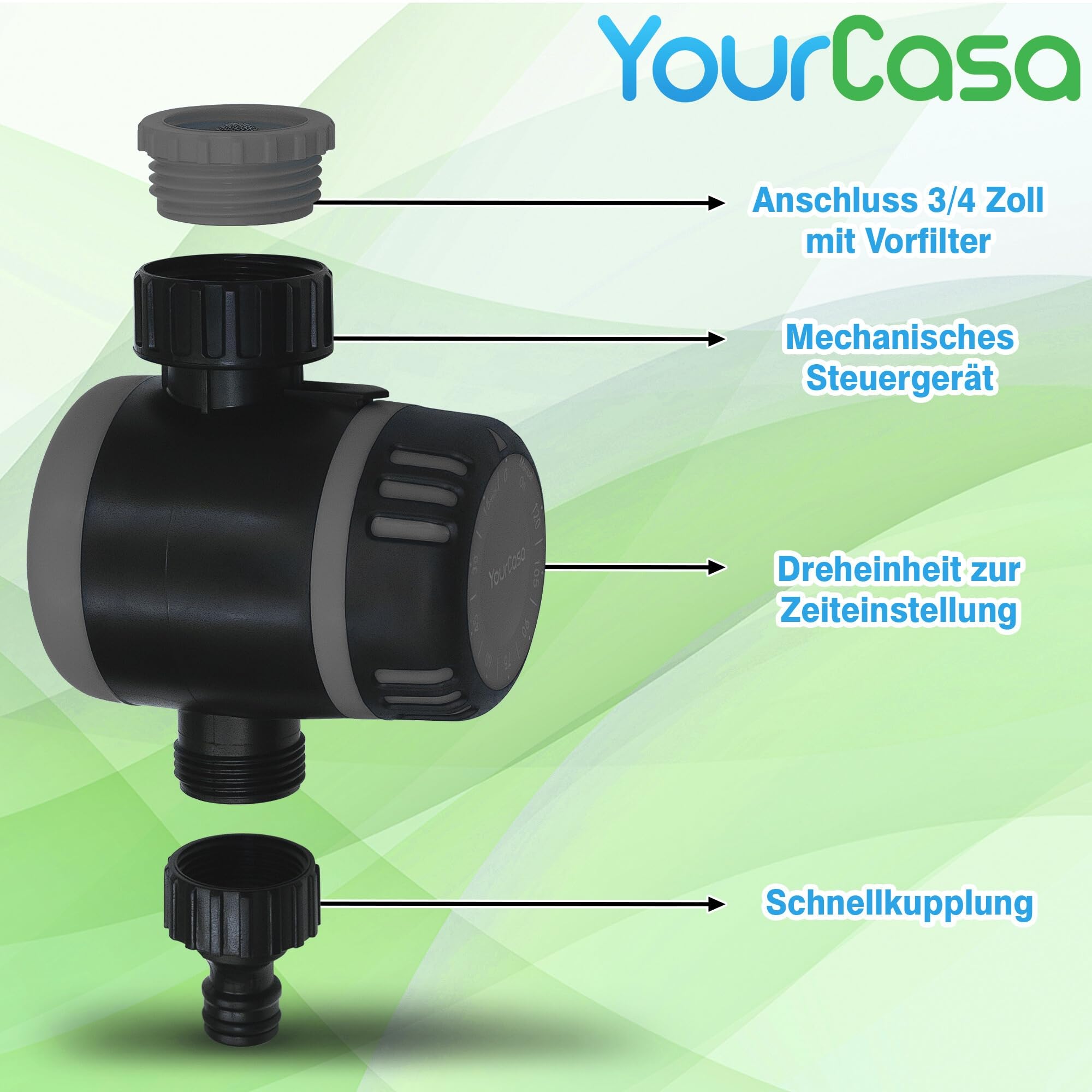 YourCasa Mechaniczny zegar nawadniać z filtrem [120 min] – programator czasowy ze złączem węża do nawadniania, kran do ogrodu, zegar sterujący wodą (antracytowy)