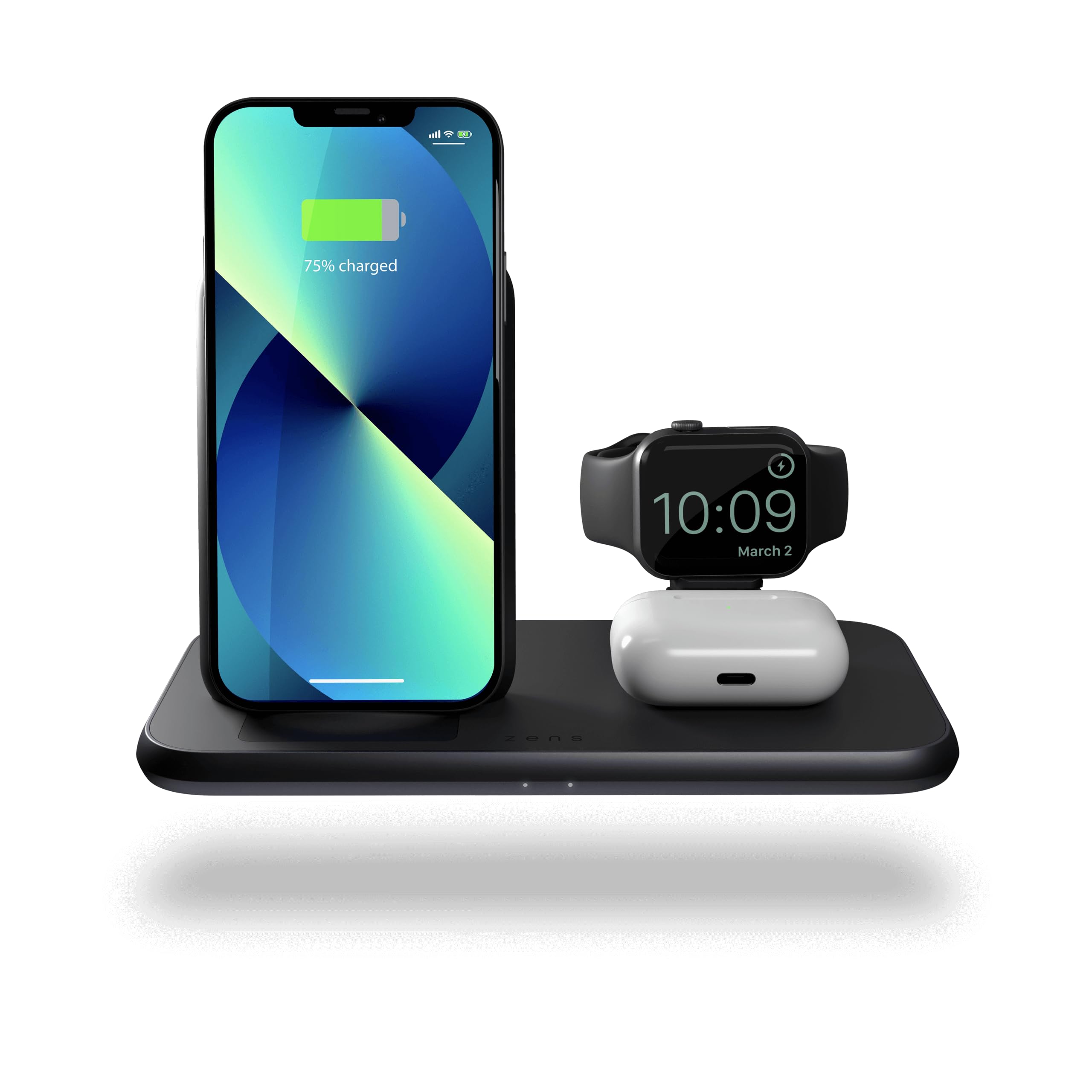 Zens 4 in 1 wireless charger with an iPhone, Apple Watch, and AirPods charging.