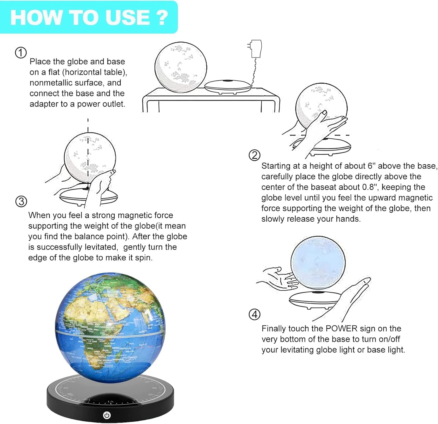 Floating Magnetic Levitating Globe with LED Light, 360° Rotating World Map, Home & Office Desk Decor, Unique Tech Gift for Kids, Teachers, Men & Colleagues