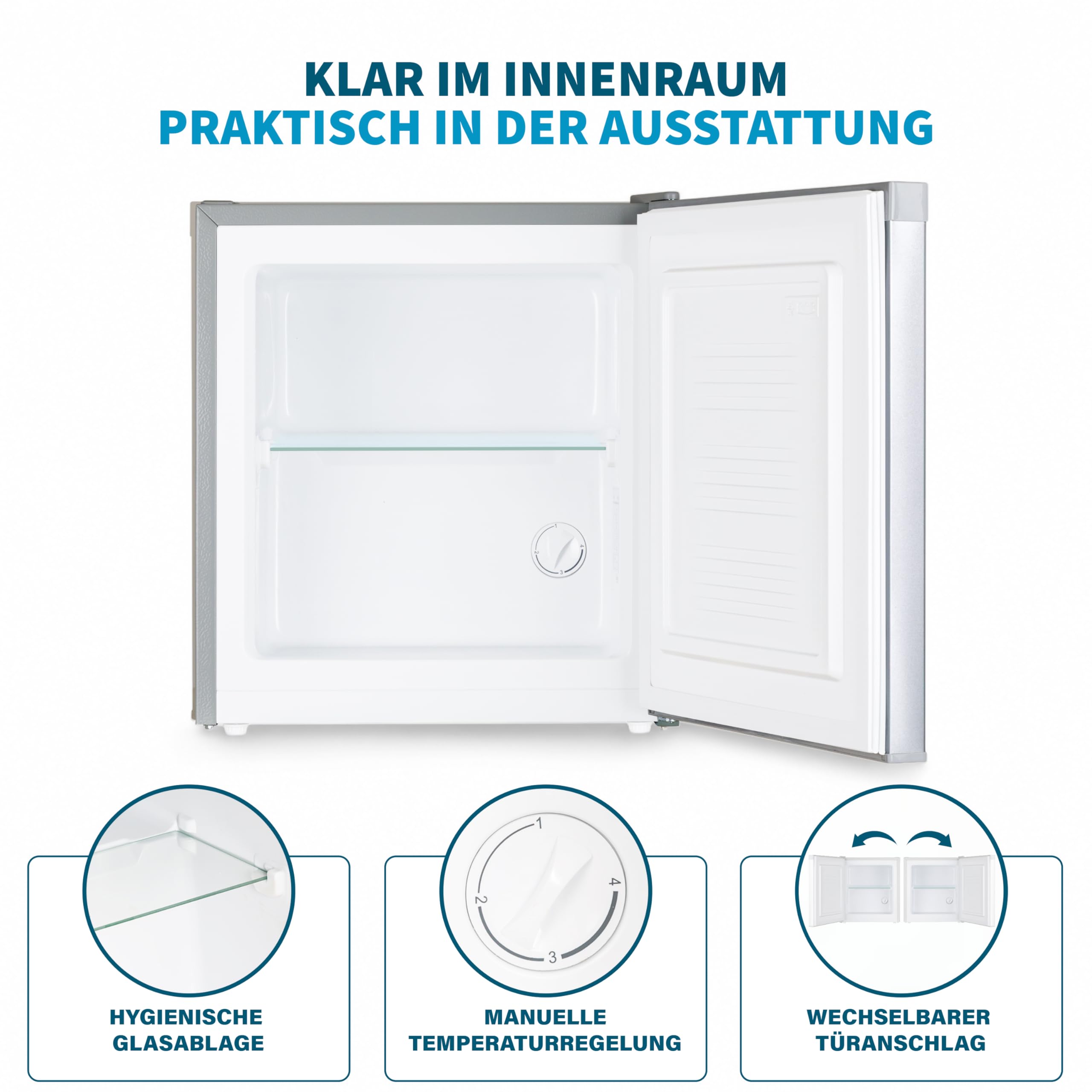 Mini Gefrierschrank 32 L, Glasablage, 4-Sterne-Gefrierbox bis -18 °C, kompakter Tiefkühlschrank, leise 39 dB, manuelle Temperaturregelung, freistehend, Silber