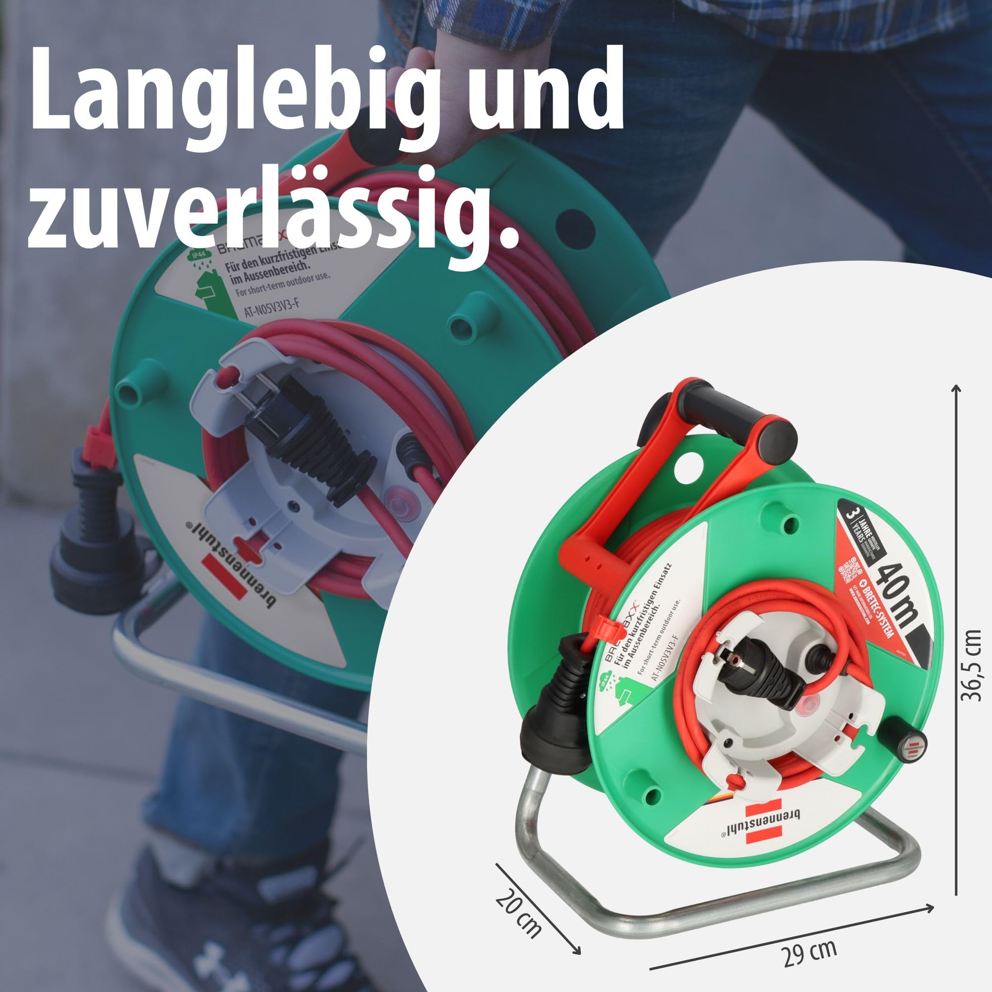Brennenstuhl Garant G Bretec IP44 Gartenkabeltrommel (Kabeltrommel für Rasenmäher mit 38+2m Kabel in rot, Spezialkunststoff, kurzfristiger Einsatz im Außenbereich, Made in Germany)