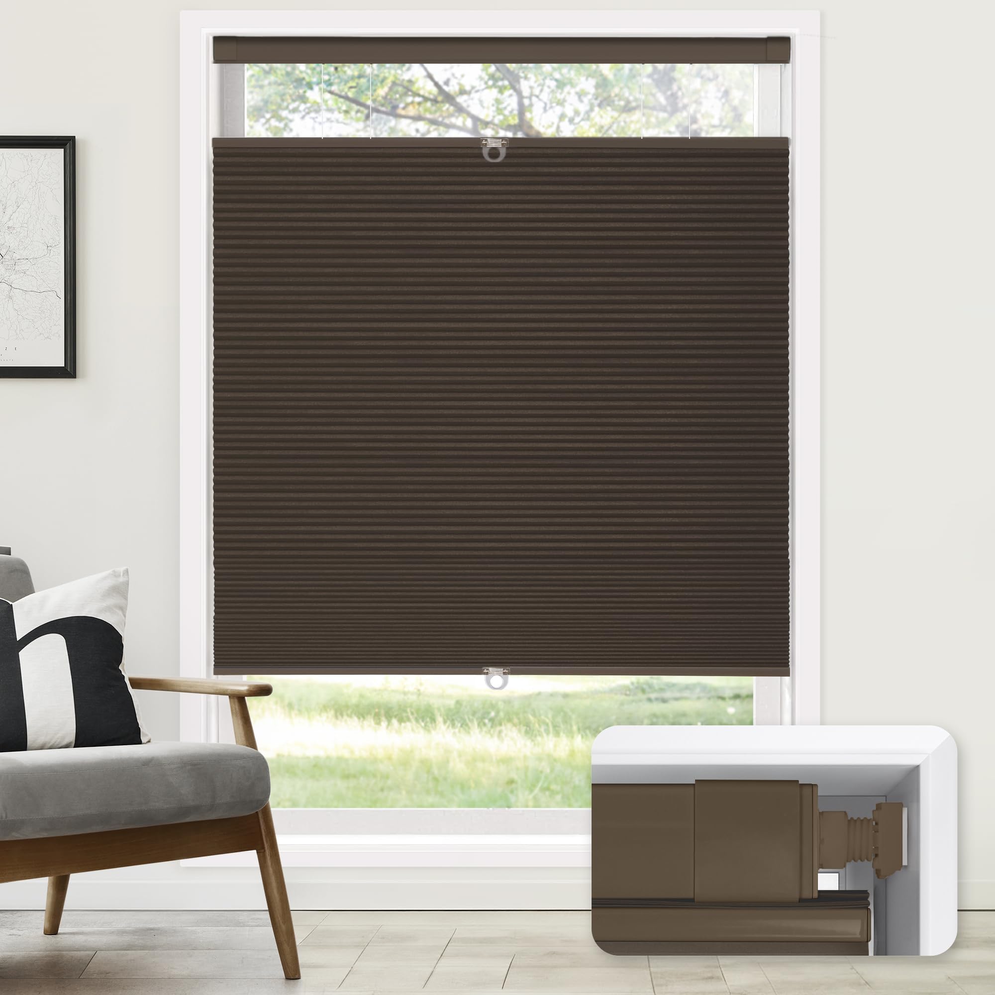 LazBlinds No Drill Cordless Cellular Shades, 30" W x 48" H, Dark Coffee