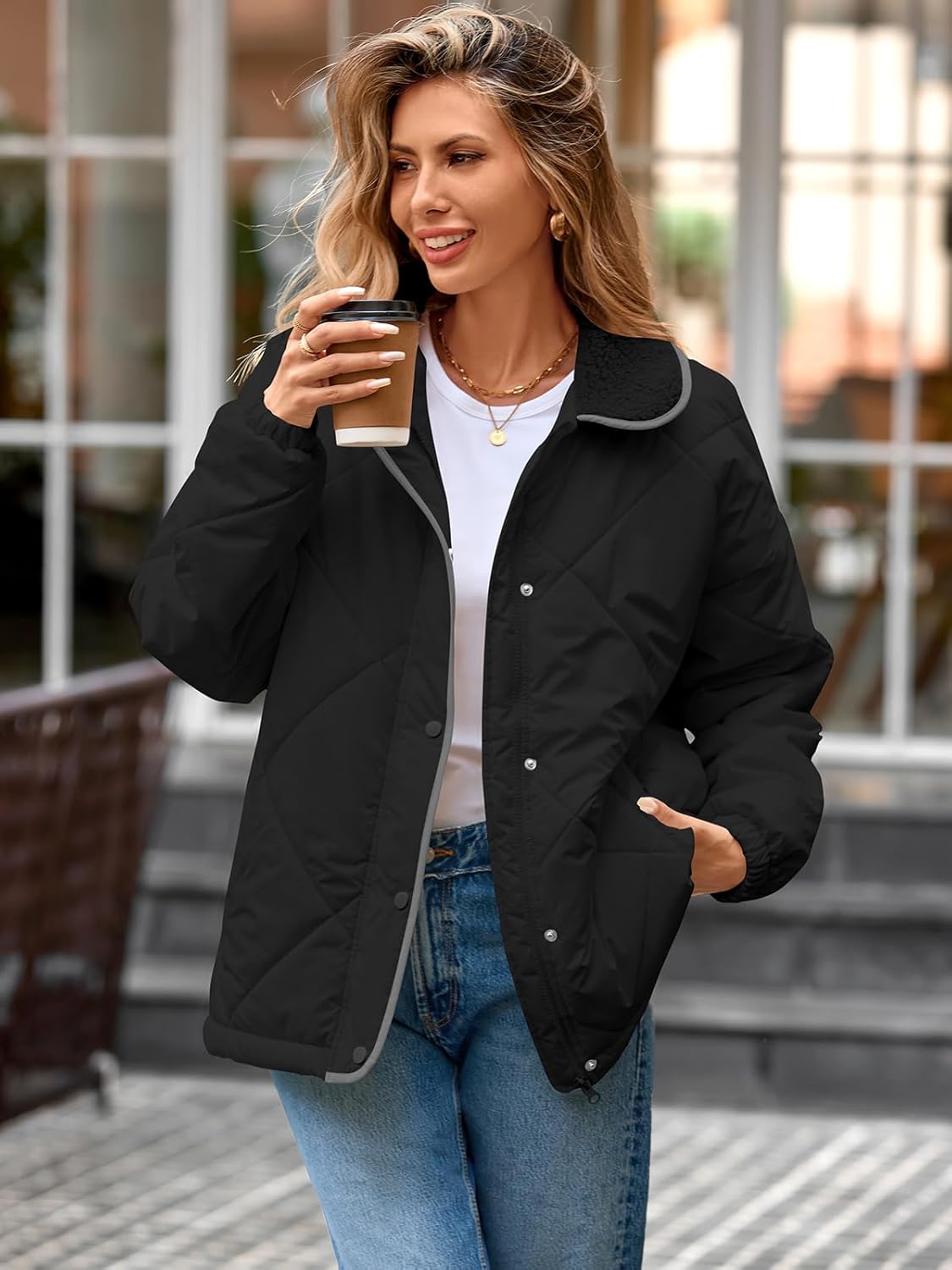 Naggoo Women's Casual Long Sleeve Quilted Jackets Loose Button Down Zipper Winter Puffer Jacket Coat Outwear - Image 3