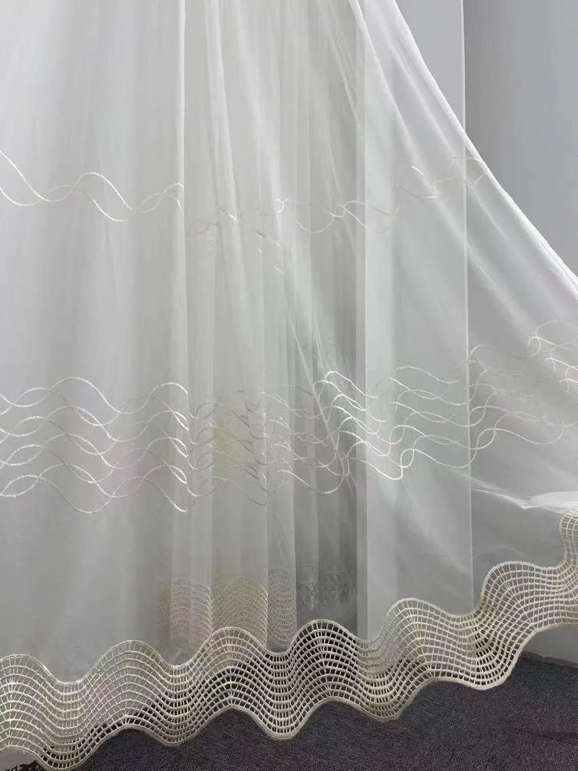 Daesar Living Room Curtains 2 Panel Sets 90 Inch Length, Hooks Transparent Curtains Wave Pattern with Hollow Border Window Voile Panels/Drapes/Treatment for Bedroom, 52x90 Inch Beige White