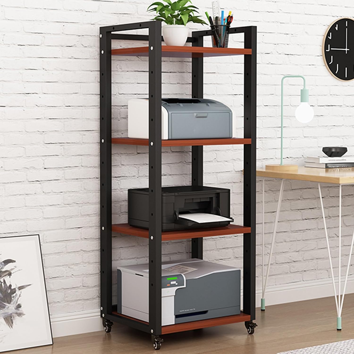 Modern Gaming Shelf & AV Stand Black & Teak 4-Tier Entertainment Rack for Small Spaces Home Theater & Recording Room Stylish Video Shelving Unit