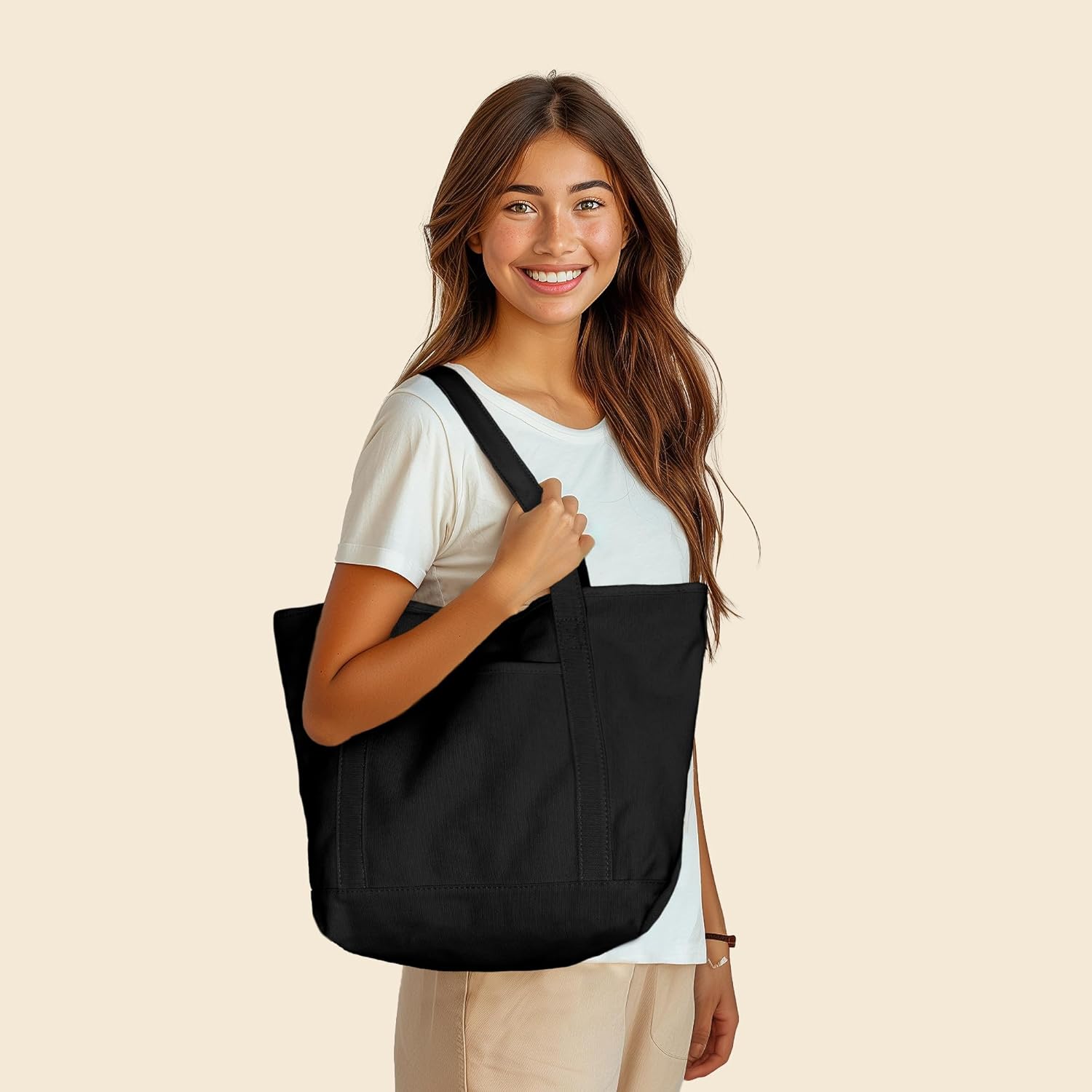 DALIX 20" Solid Color Cotton Canvas Shopping Tote Bag in Black - Image 2