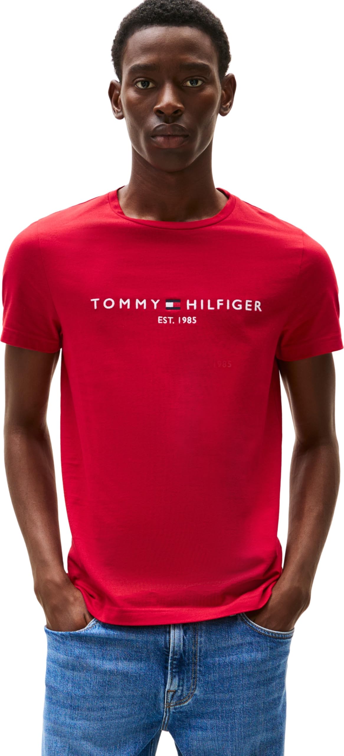 Tommy Hilfiger Men's Red Logo Crew Neck T Shirt in Size L, Sports Direct