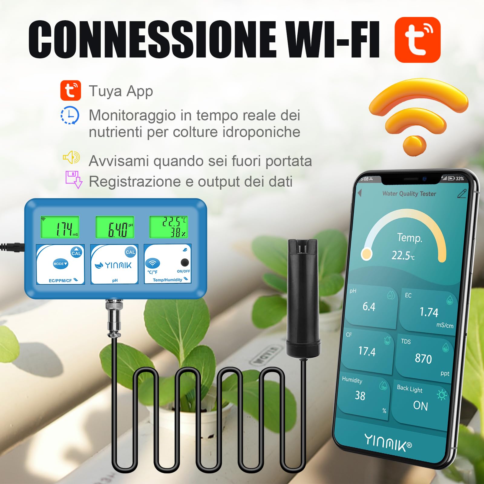 YINMIK Monitor EC pH per Idroponica Tester pH ppm WiFi | Monitor Continuo Dell'acqua, CF Umidità Temp, Sistema DWC Indoor, Serbatoio Idrico, Giardino Aeroponico