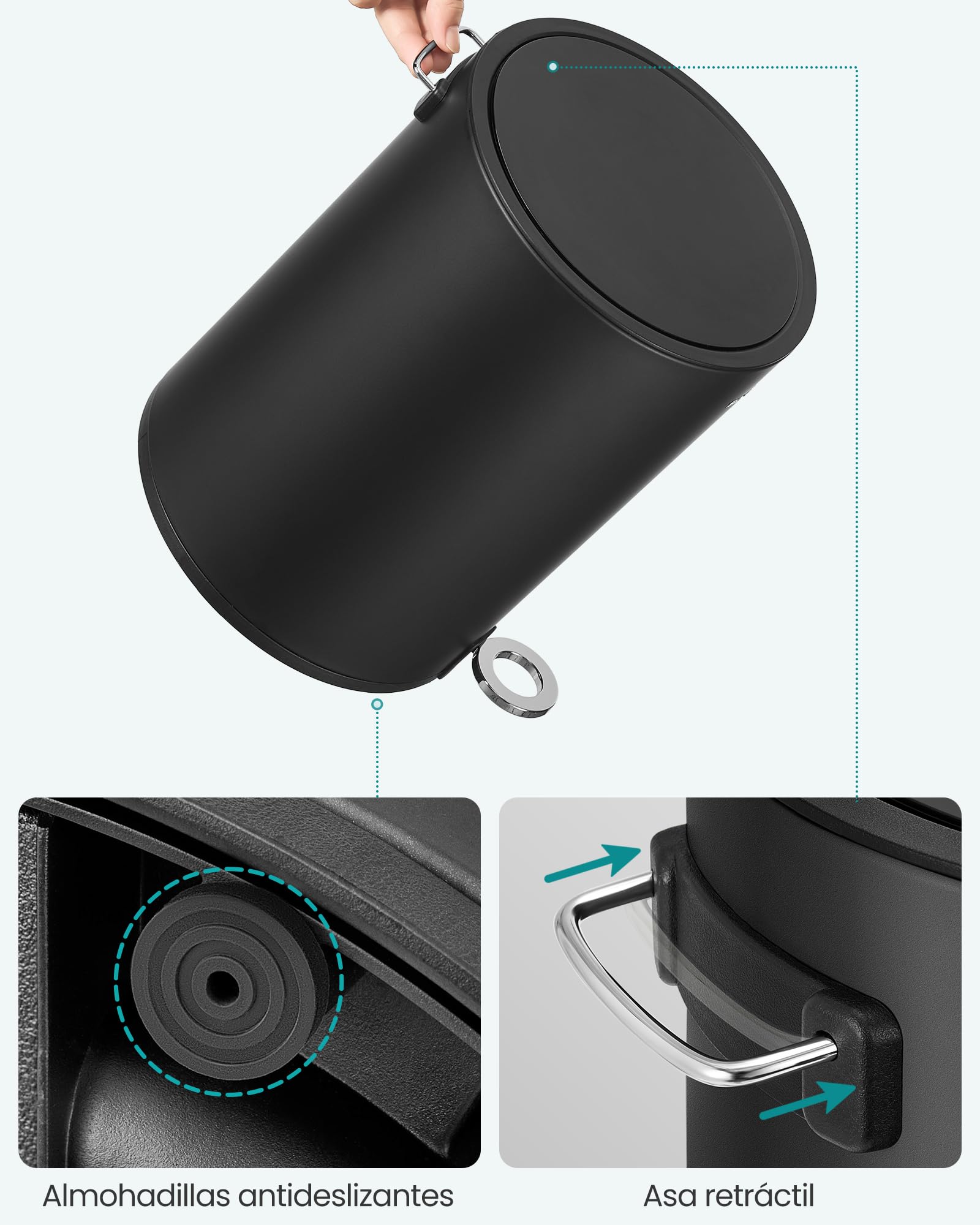 SONGMCIS Cubo de Basura para Cosméticos, 6 L, Cubo de Basura de Baño, con Tapa, Cierre Suave, con Pedal, Interior de Plástico Extraíble, para Baño, Oficina, Acero, Negro Tinta LTB012BZ01
