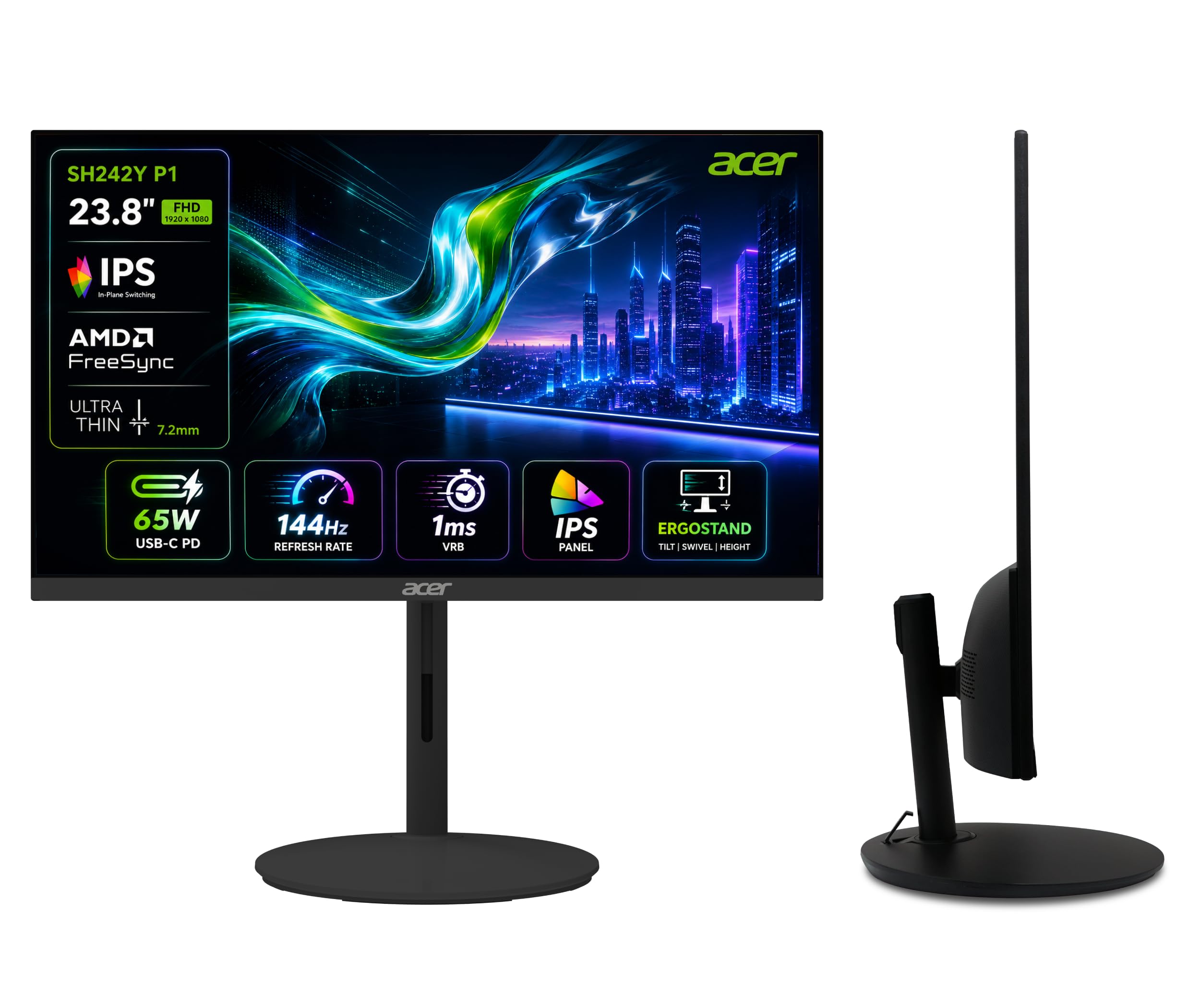 Acer SH242Y P1 23.8 Inch FHD IPS Gaming Monitor I 144Hz Refresh Rate I 1ms VRB I USB Type-C 65W PD I AMD FreeSync I Ultra Slim Design I ErgoStand I HDMI I Built-in Speakers I VisionCare Technology-image-28