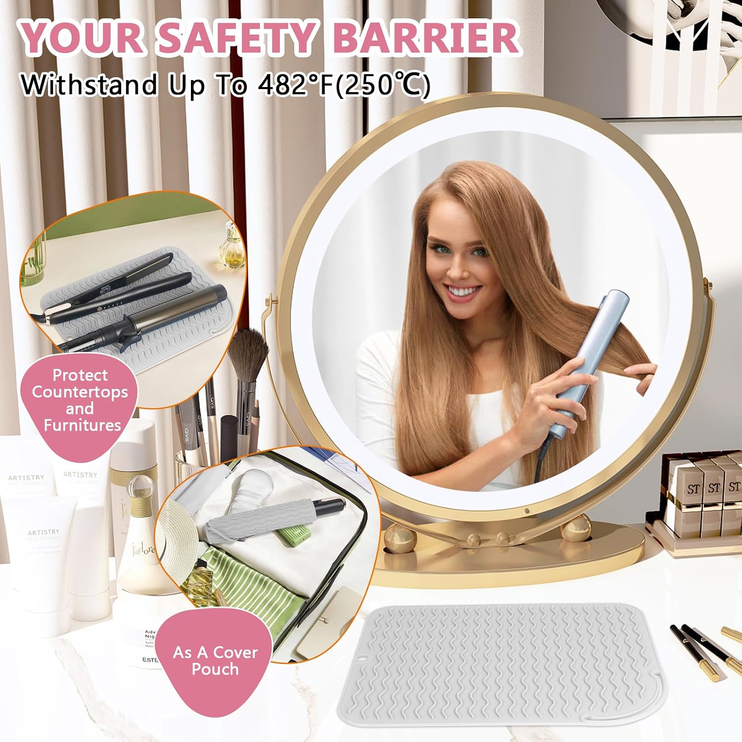 Larger Size Silicone Heat Resistant Mat for Hair Tools(12" x 9")