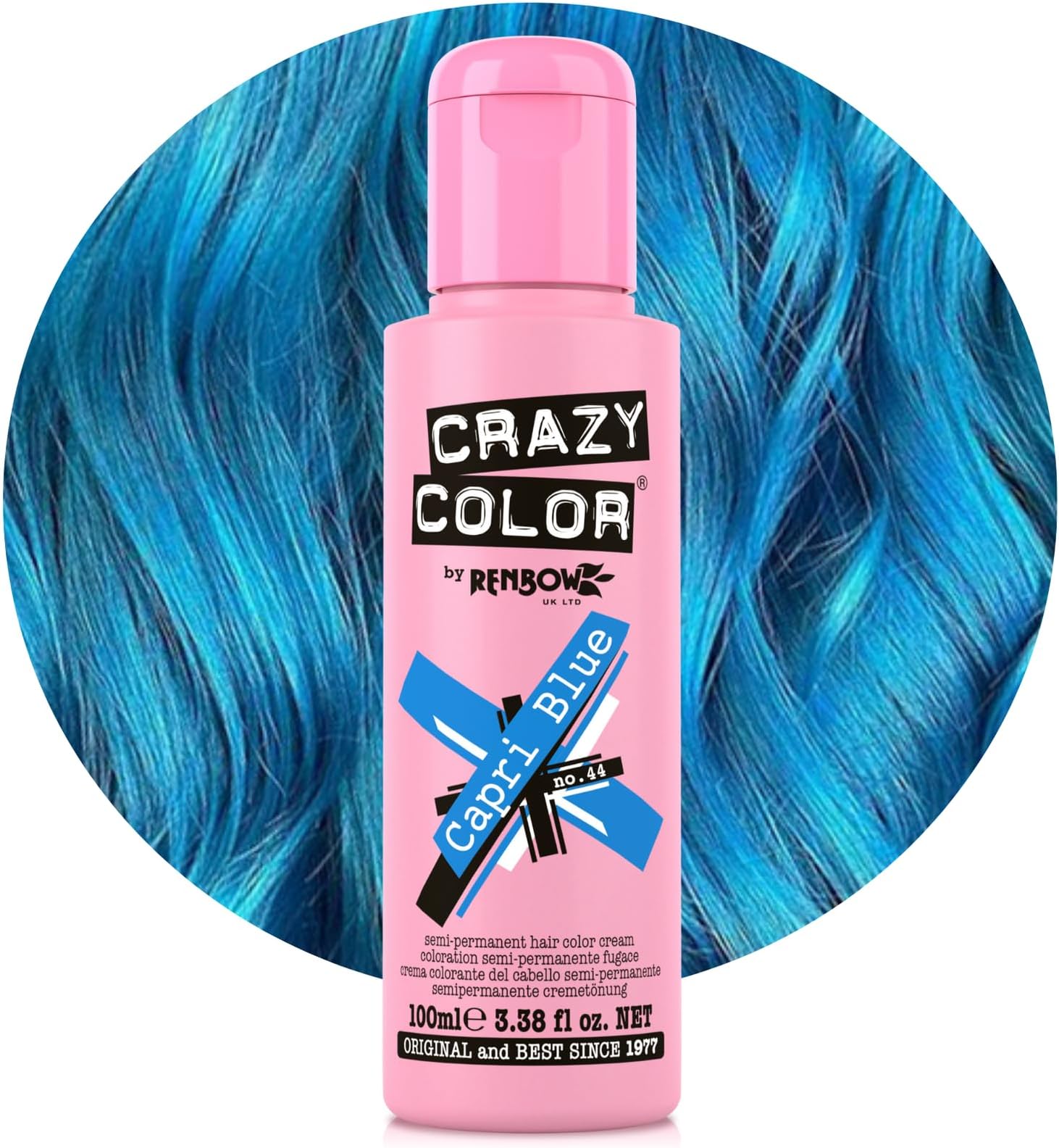 Crazy Color Hair Dye - Vegan and Cruelty-Free Semi Permanent Hair Color - Temporary Dye for All Hair Types, #44, Capri Blue 100 ml