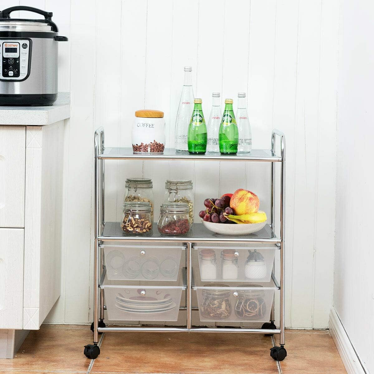 Giantex Rolling Storage Cart w/ 4 Drawers 2 Shelves Metal Rack Shelf Home Office School Beauty Salon Utility Organizer Cart with Wheels (White)