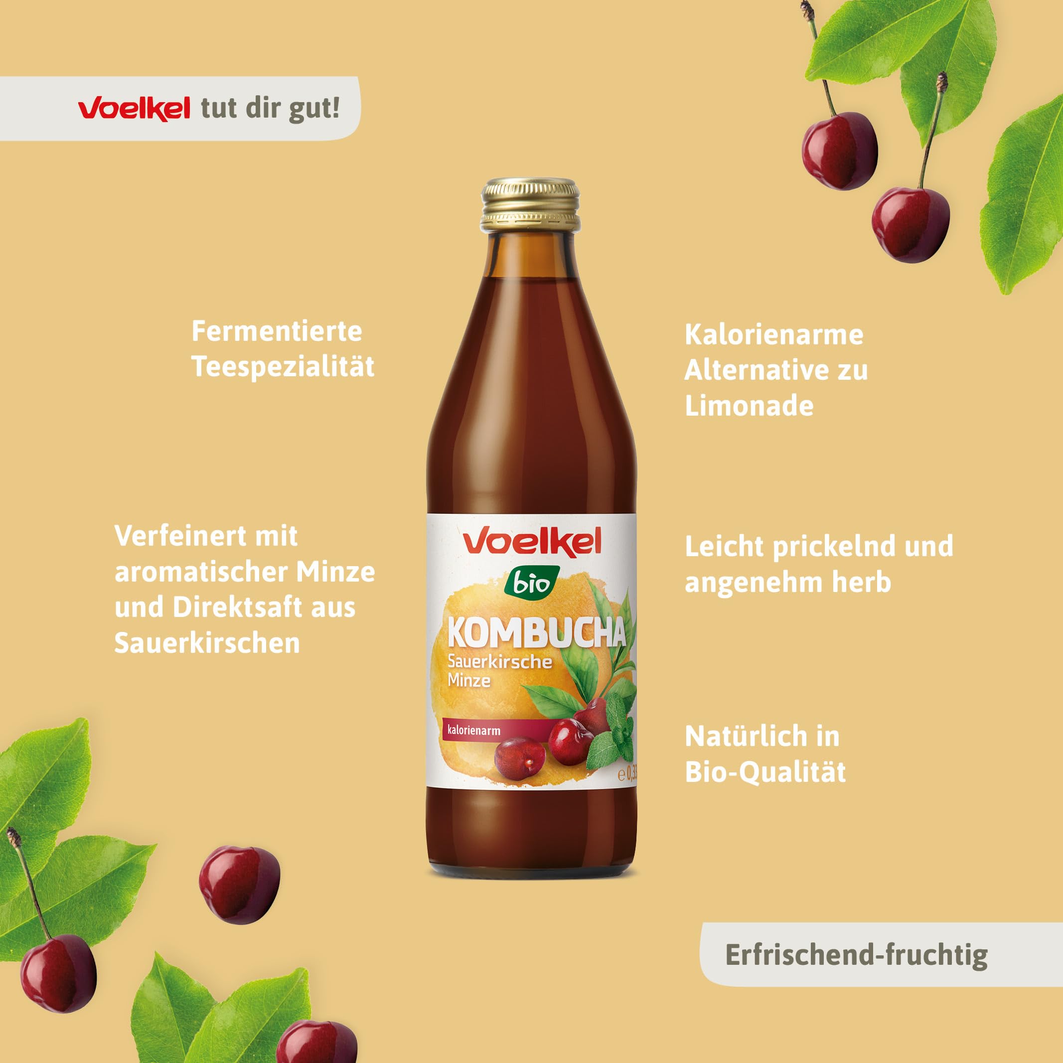 Voelkel - Kombucha Sauerkirsche Minze - 330ml - 12er-Pack - Bioqualität Deutschland
