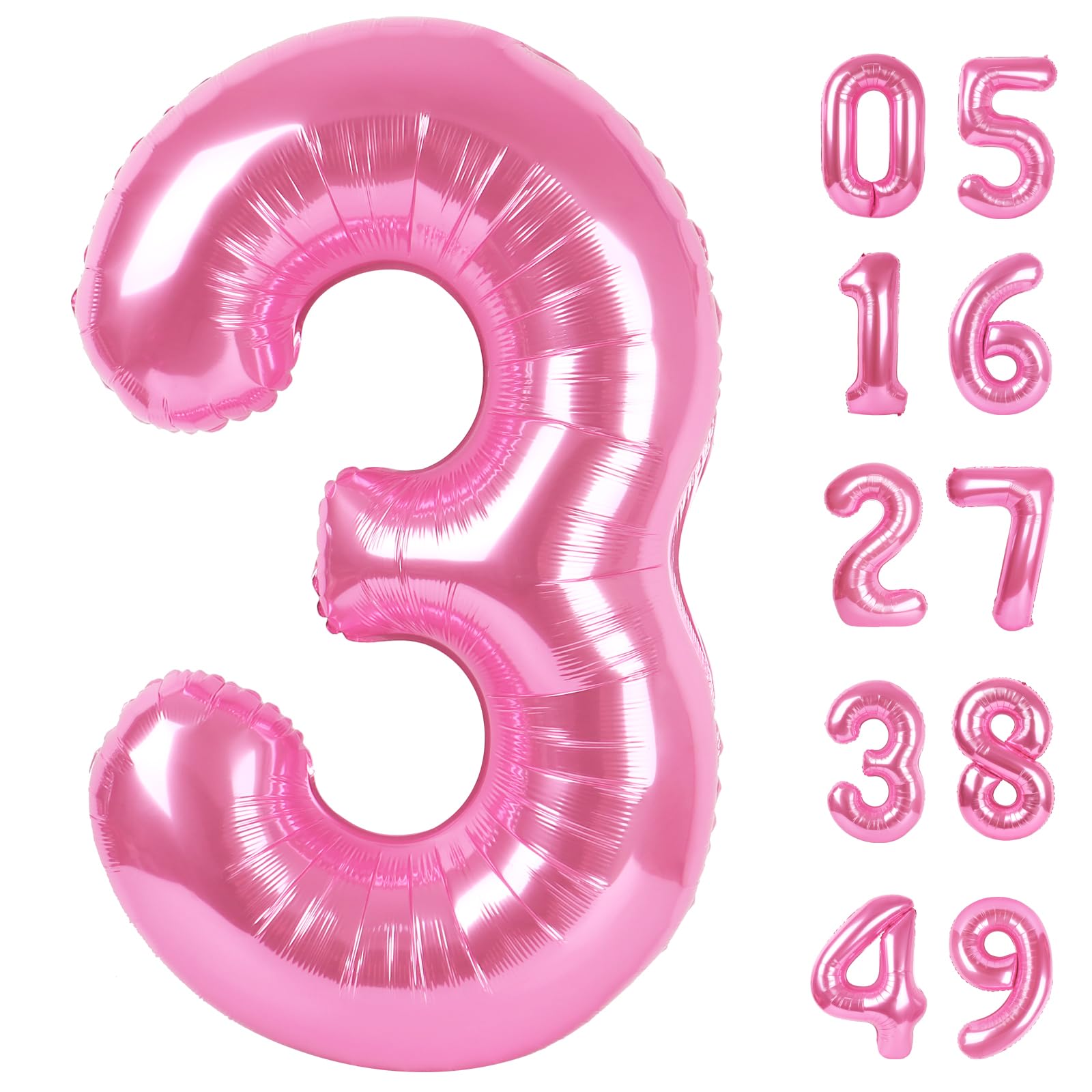 Large Pink 3 Number Balloon 40 Inch, 3 13 23 30 33 36 38 Pink Birthday Party Decorations, Number Three Foil Balloons for Anniversary Party Graduations