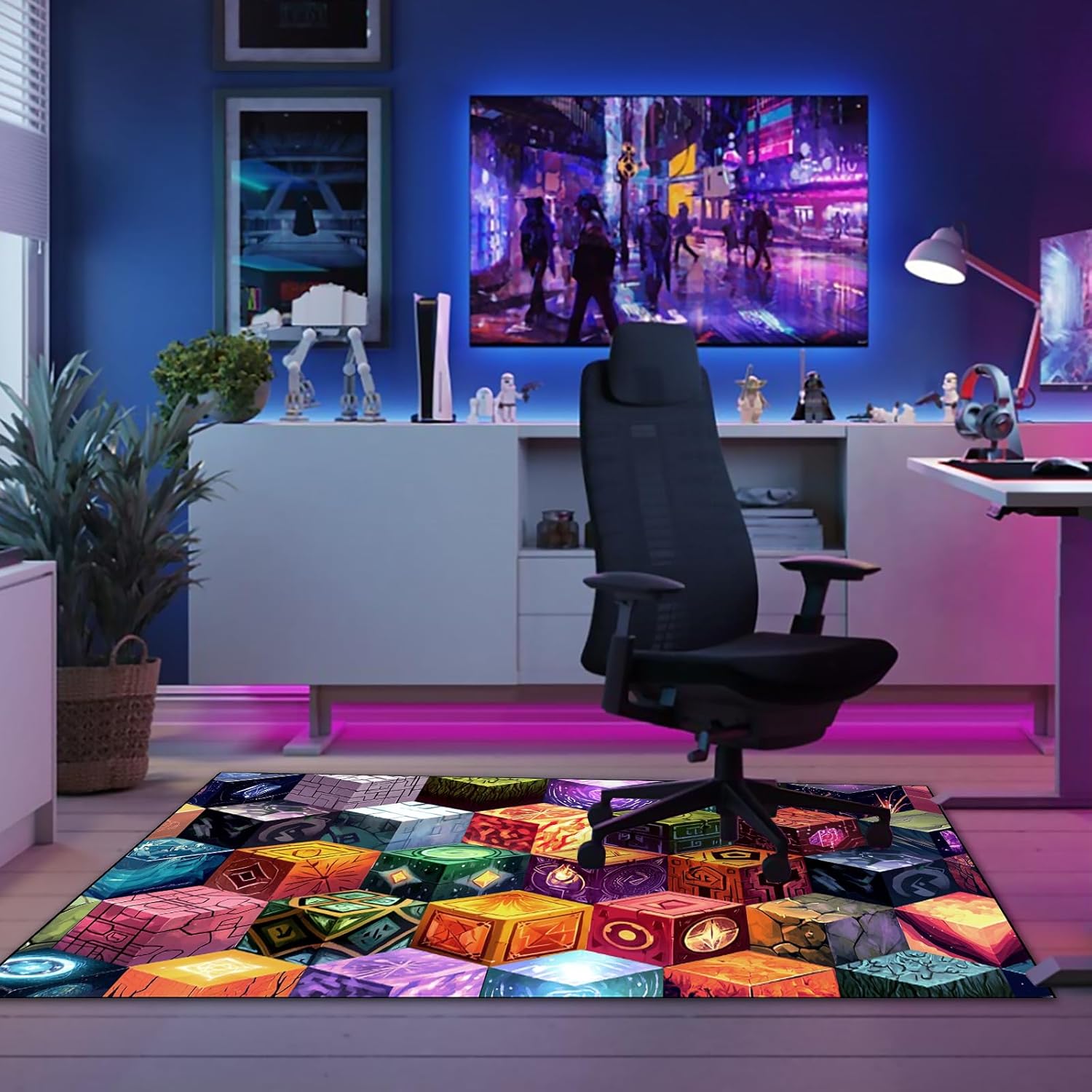 Cube Block Game Rug, Teen Boys Carpet with Magic Games Element Decoration Mat, Pixel Game Rug for Boy’s Bedroom Bathroom Doormat Living Room Playroom, Non-Slip Children Gaming Area Rugs (63" x 47")