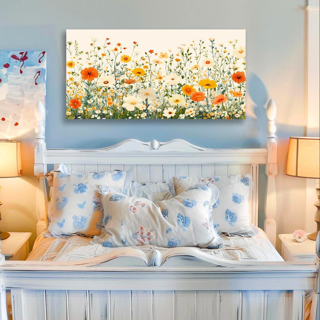 KZKU Floral Wall Art Canvas Print Orange and White Wildflowers Modern Botanical Watercolor style Flower Picture for Bedroom Living Room Artwork Home Wall Decoration 20x40in