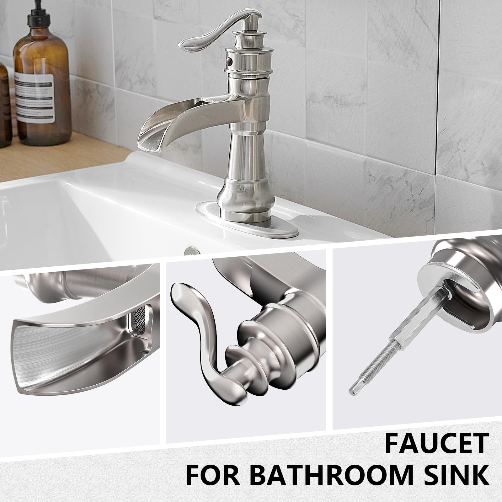 BATHLAVISH Wasserfall-Wasserhahn Für Waschbecken – Gebürstetes Nickel, Einloch, Mit Pop-Up Ablauf